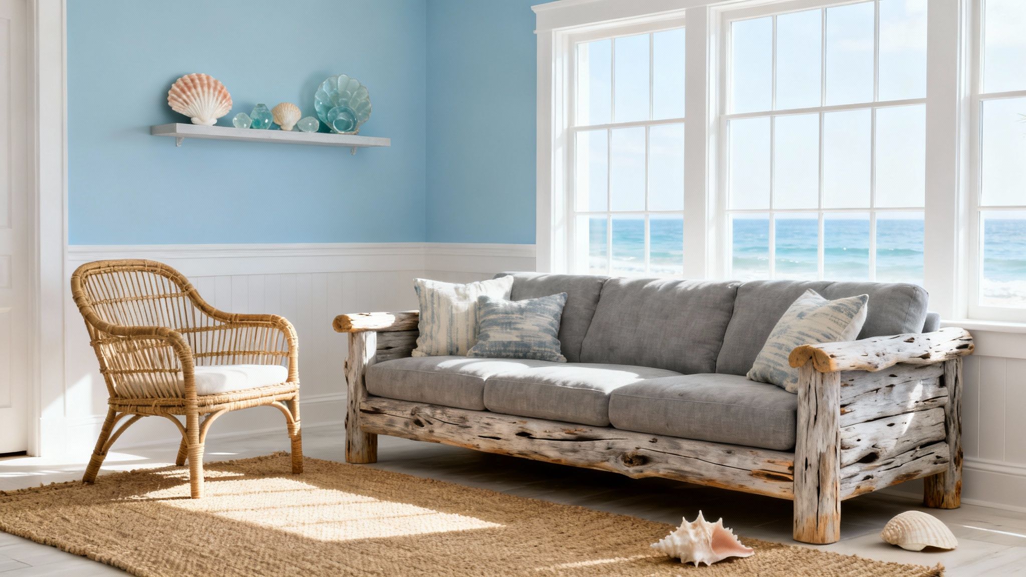 A coastal living room with light blue walls, a grey sofa, a rattan chair, and ocean view.