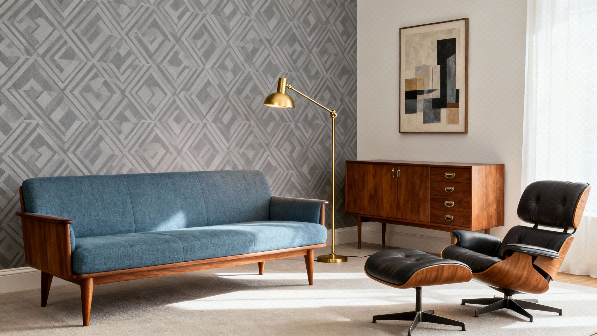 Mid-century modern living room with a blue sofa, black Eames lounge chair, and brass lamp.