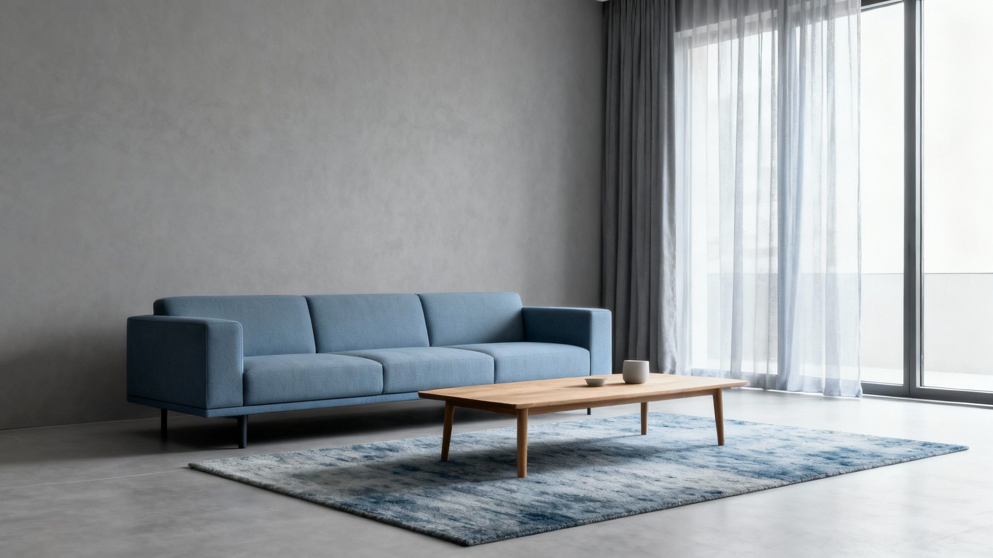 Modern blue sofa, wooden coffee table, and blue rug in a grey living room with curtains.