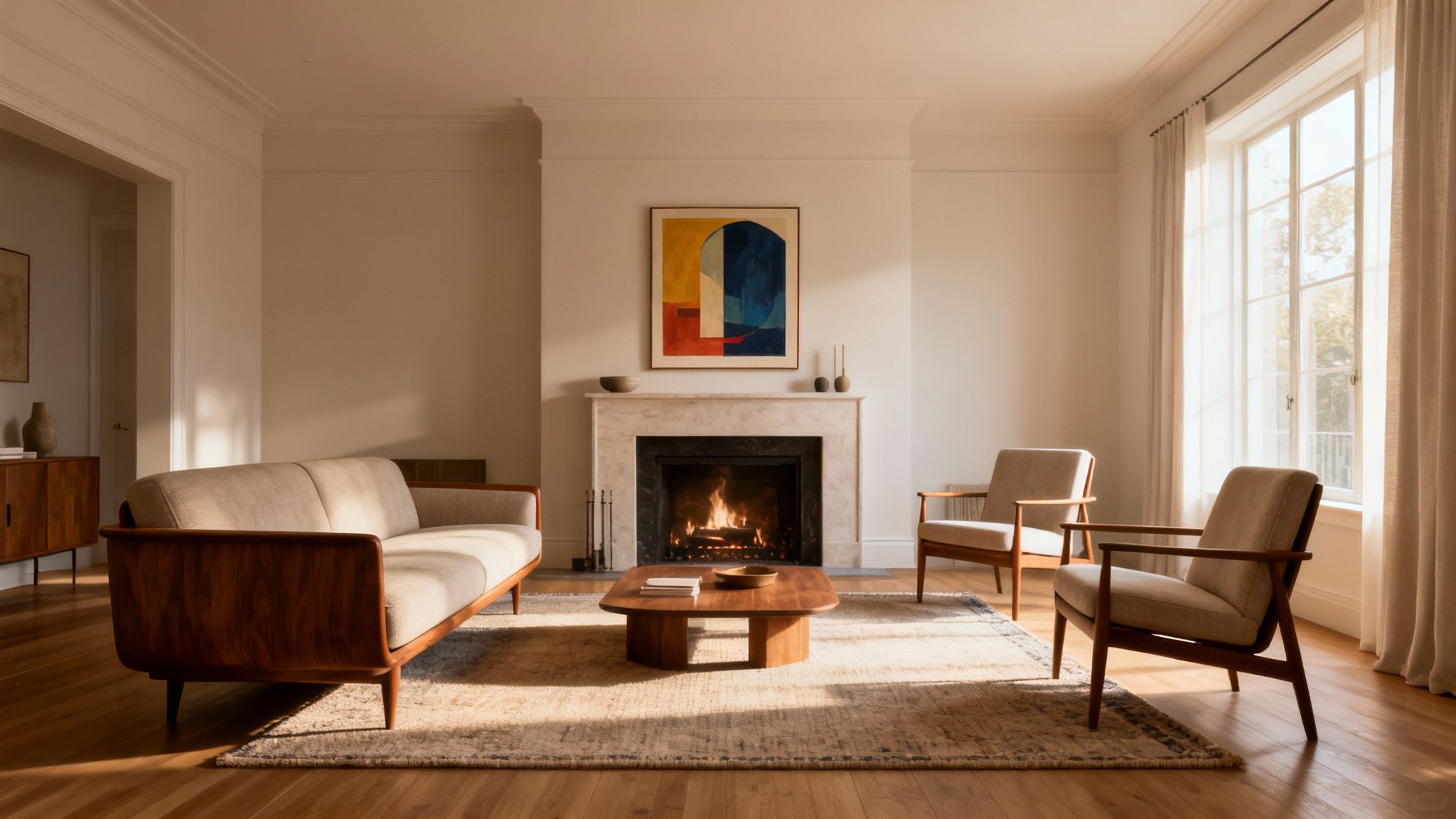A stylish, warm living room with a fireplace, sofa, and two armchairs, bathed in natural light.