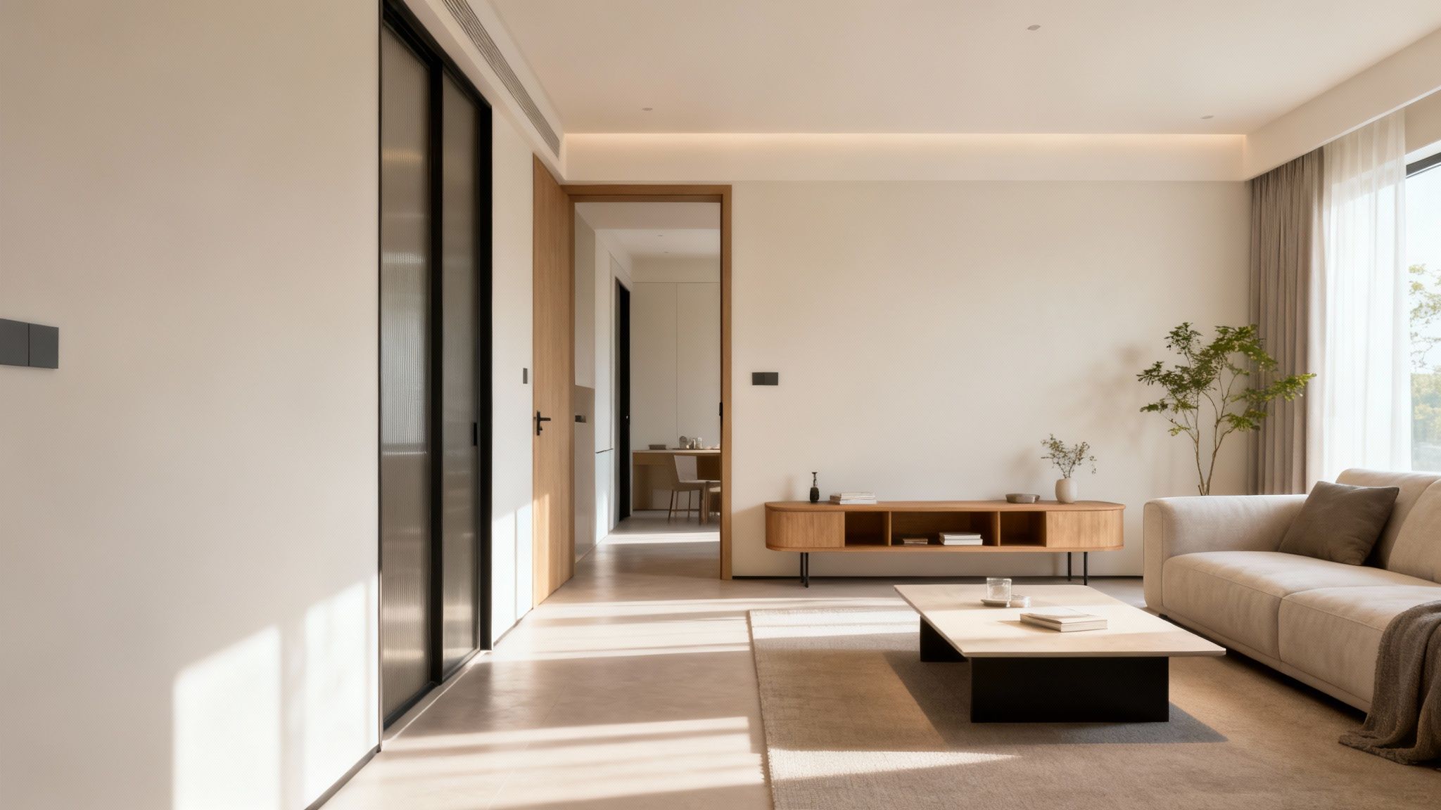 A bright, modern living room with a neutral couch, wood furniture, and natural light.
