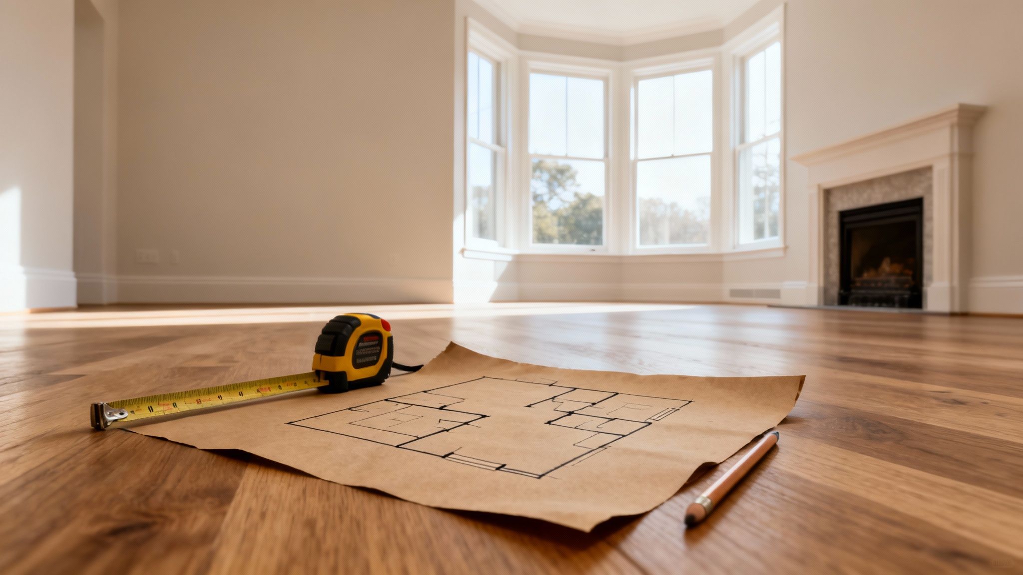 A floor plan, measuring tape, and pencil on a wooden floor in an empty living room.