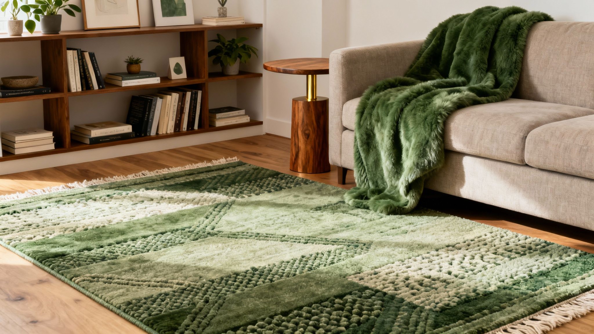 A cozy living room features a green patterned rug, a beige sofa with a plush green throw, and a wooden bookshelf with books and plants.