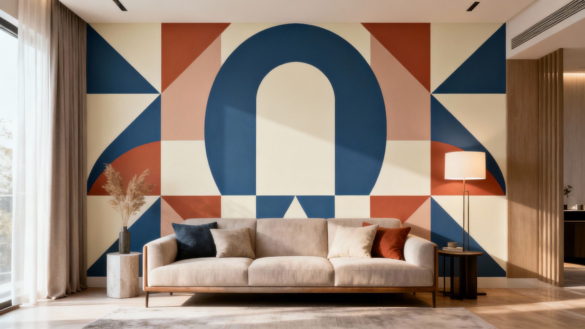 A modern living room featuring a bold geometric wall mural in blue, red, and cream colors.