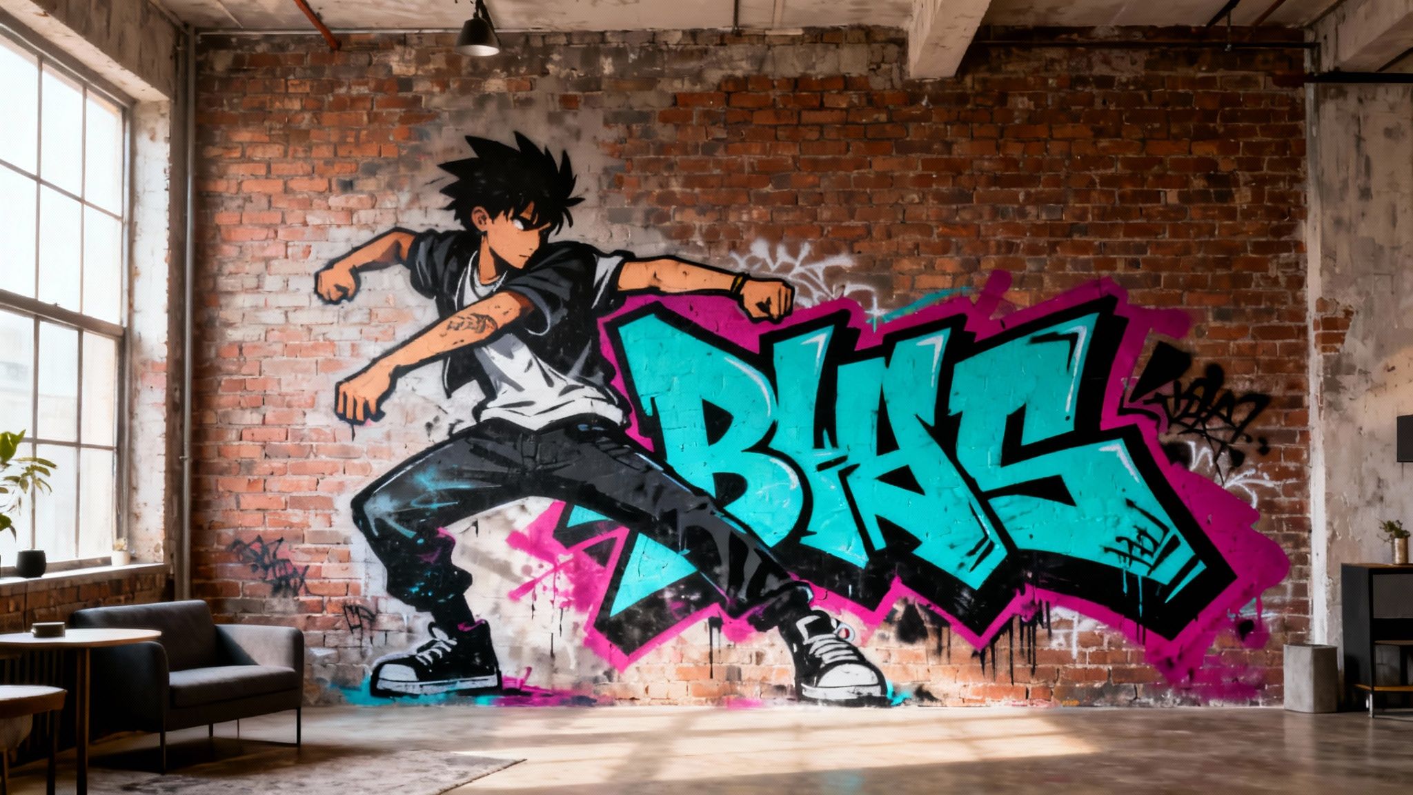 A vibrant graffiti mural of an anime character and "BLAST" text on a brick wall.