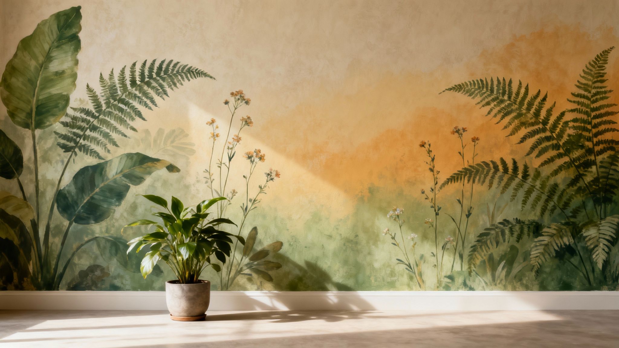 A vibrant botanical wall mural featuring large green leaves, ferns, and small wildflowers, with a potted plant.