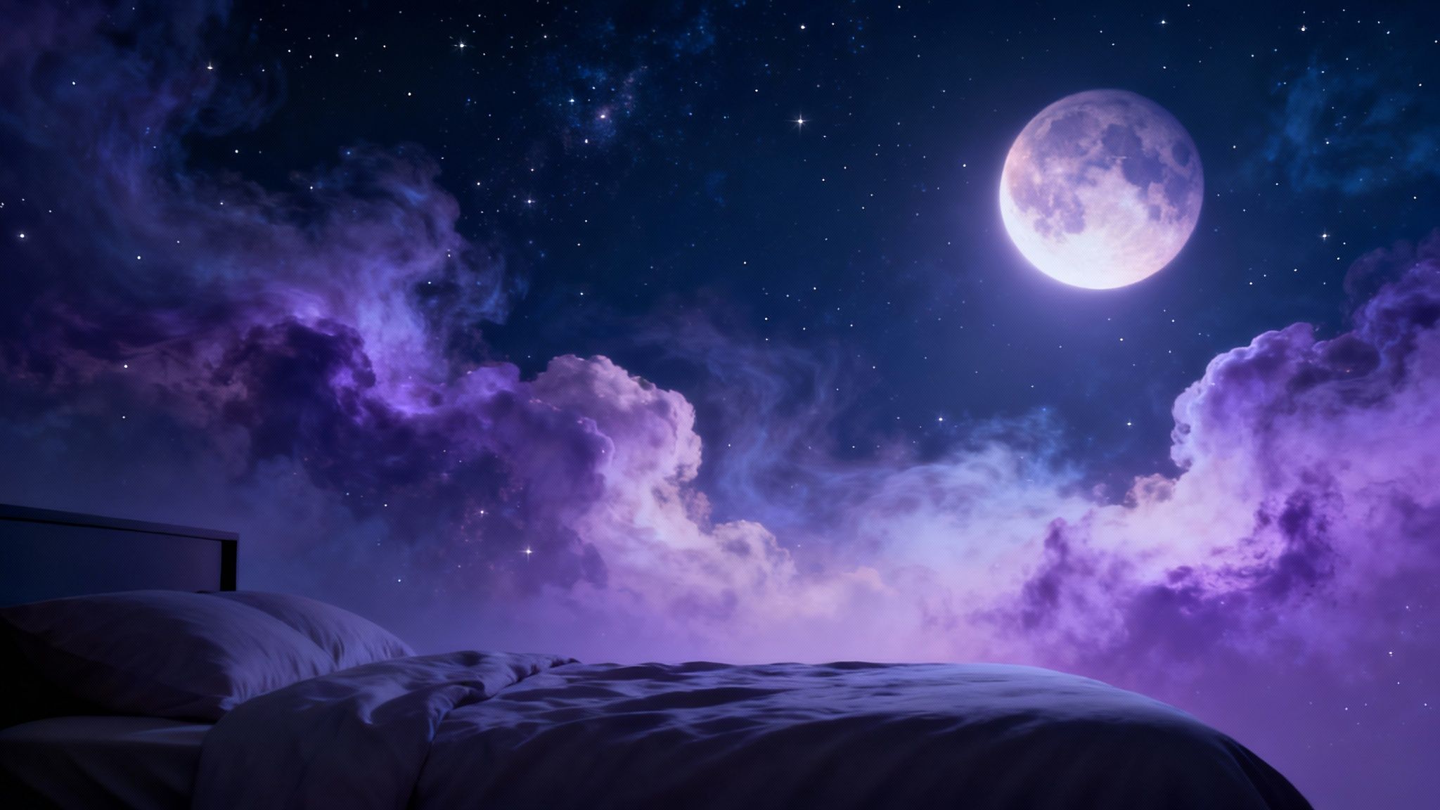 A cozy bed under a starry night sky with a bright full moon and ethereal purple clouds.