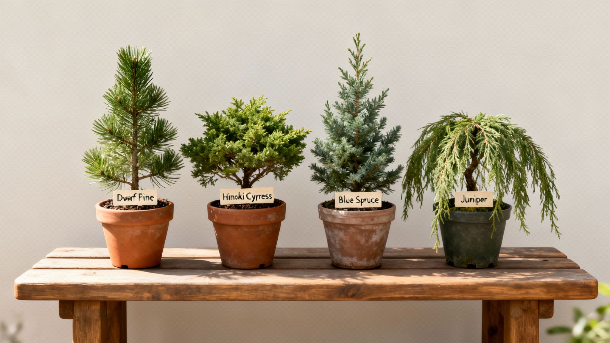 Four small potted coniferous trees, labeled Dwarf Pine, Hinoki Cypress, Blue Spruce, and Juniper, on a wooden table.