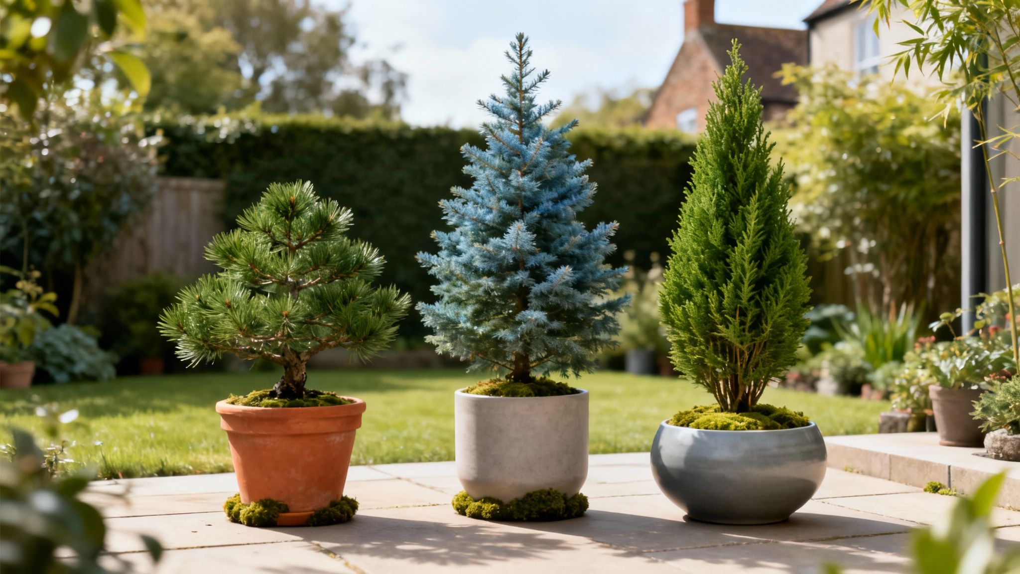 Three potted evergreen conifers, including a pine, blue spruce, and cypress, on a sunny garden patio.
