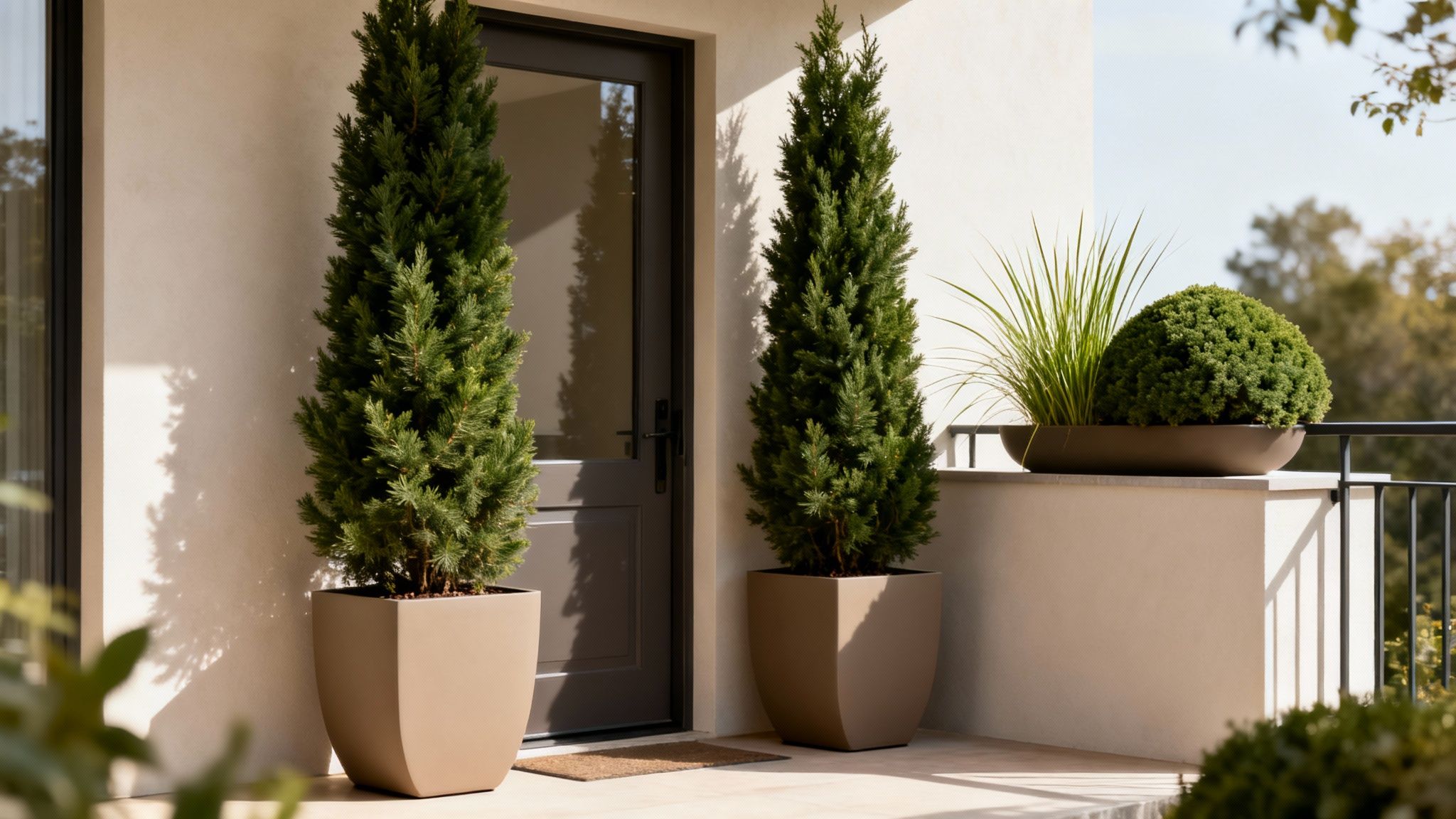 Two tall potted conifers flank a dark doorway on a sunny patio with additional green plants.