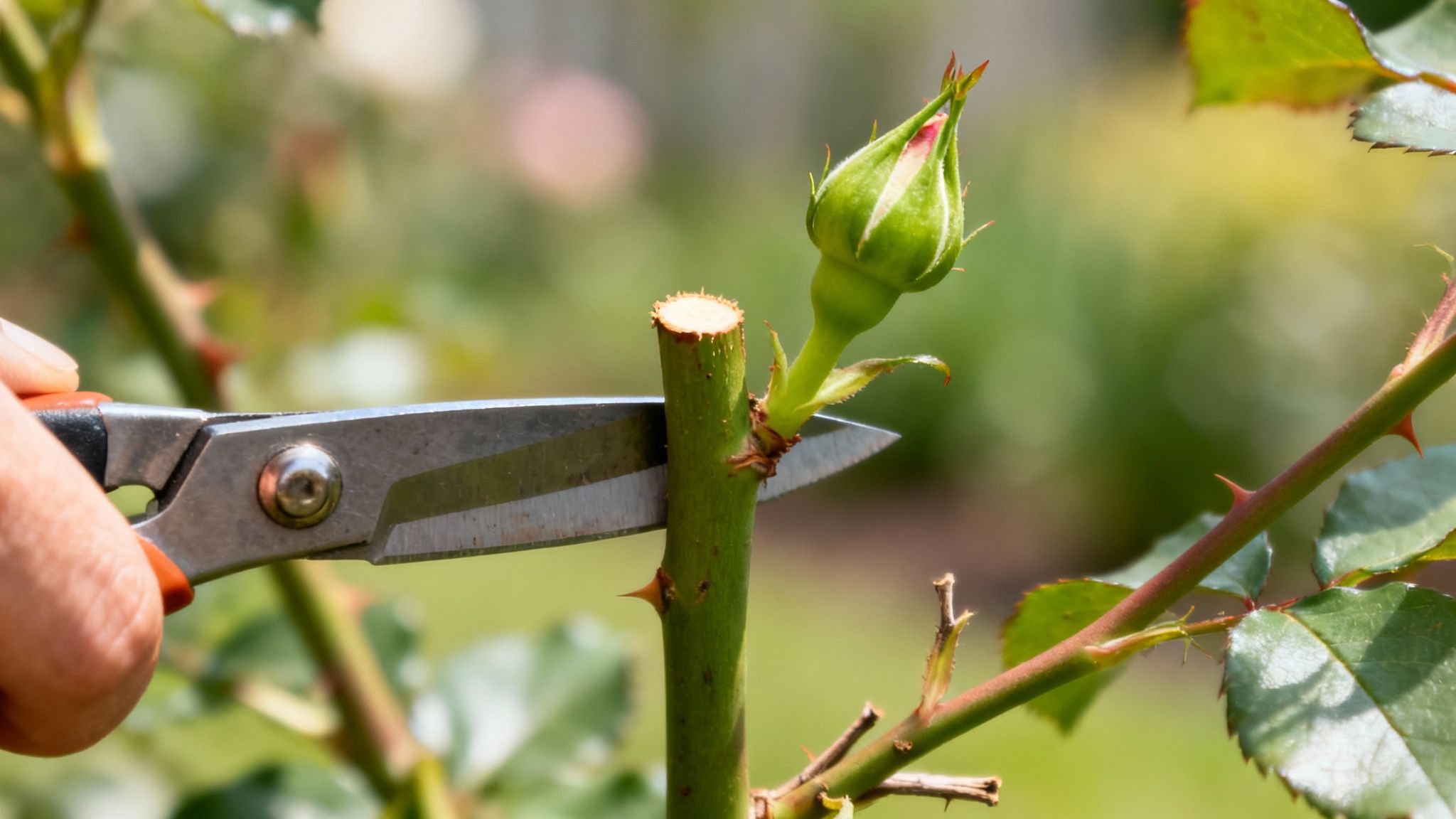 Close-up of a hand using pruning shears to cut a rose stem, with a rose bud nearby.
