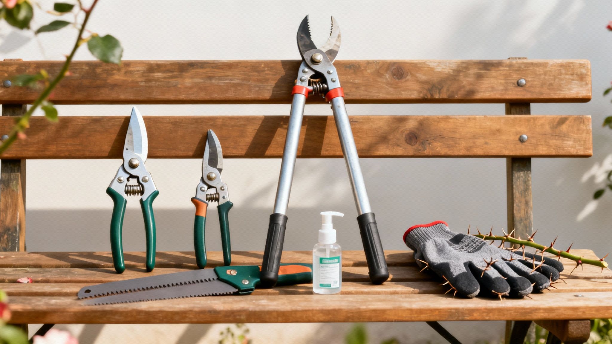 Various gardening tools for pruning roses, including pruners, loppers, a saw, gloves, and hand sanitizer on a wooden bench.