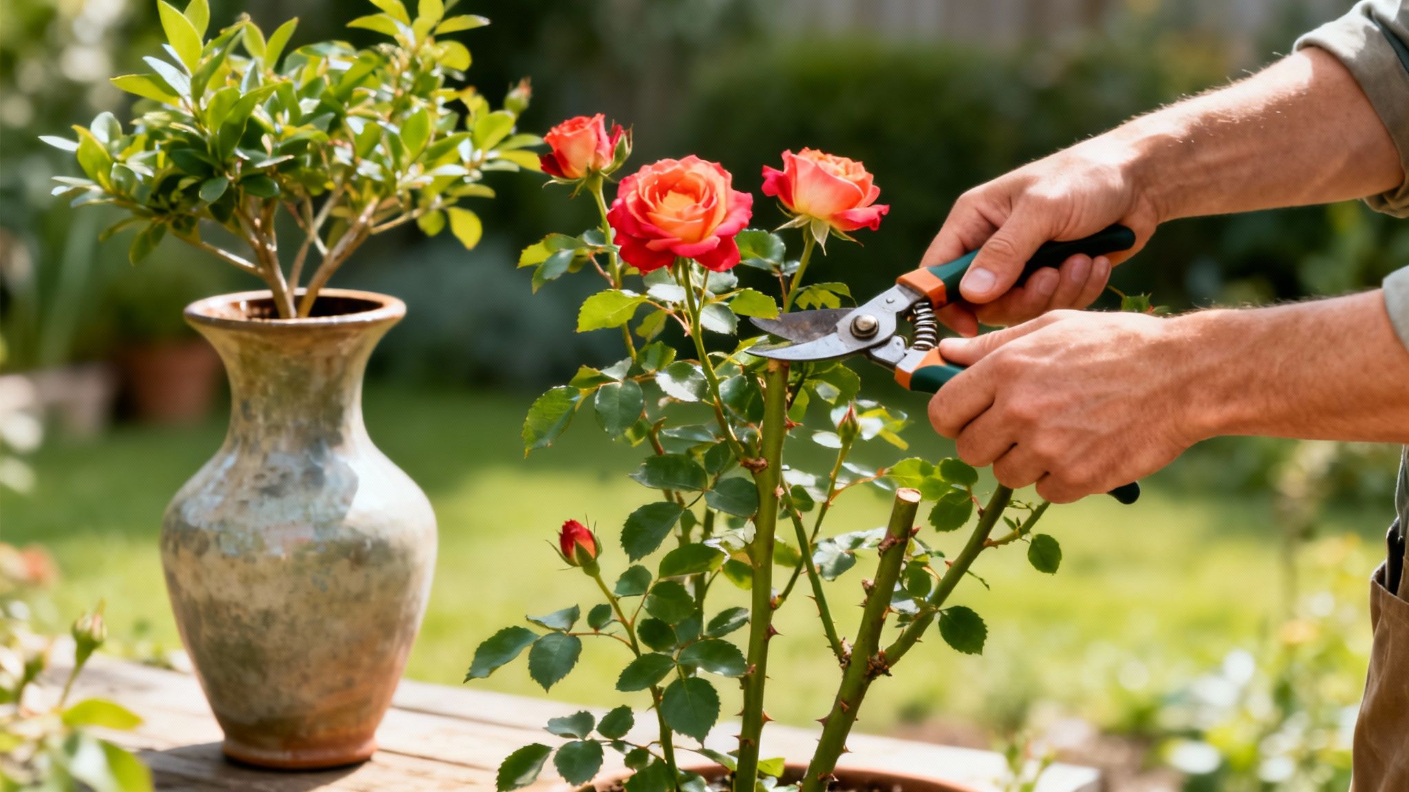 A gardener's hands are carefully pruning a vibrant rose bush with colorful blooms in a sunny outdoor setting.