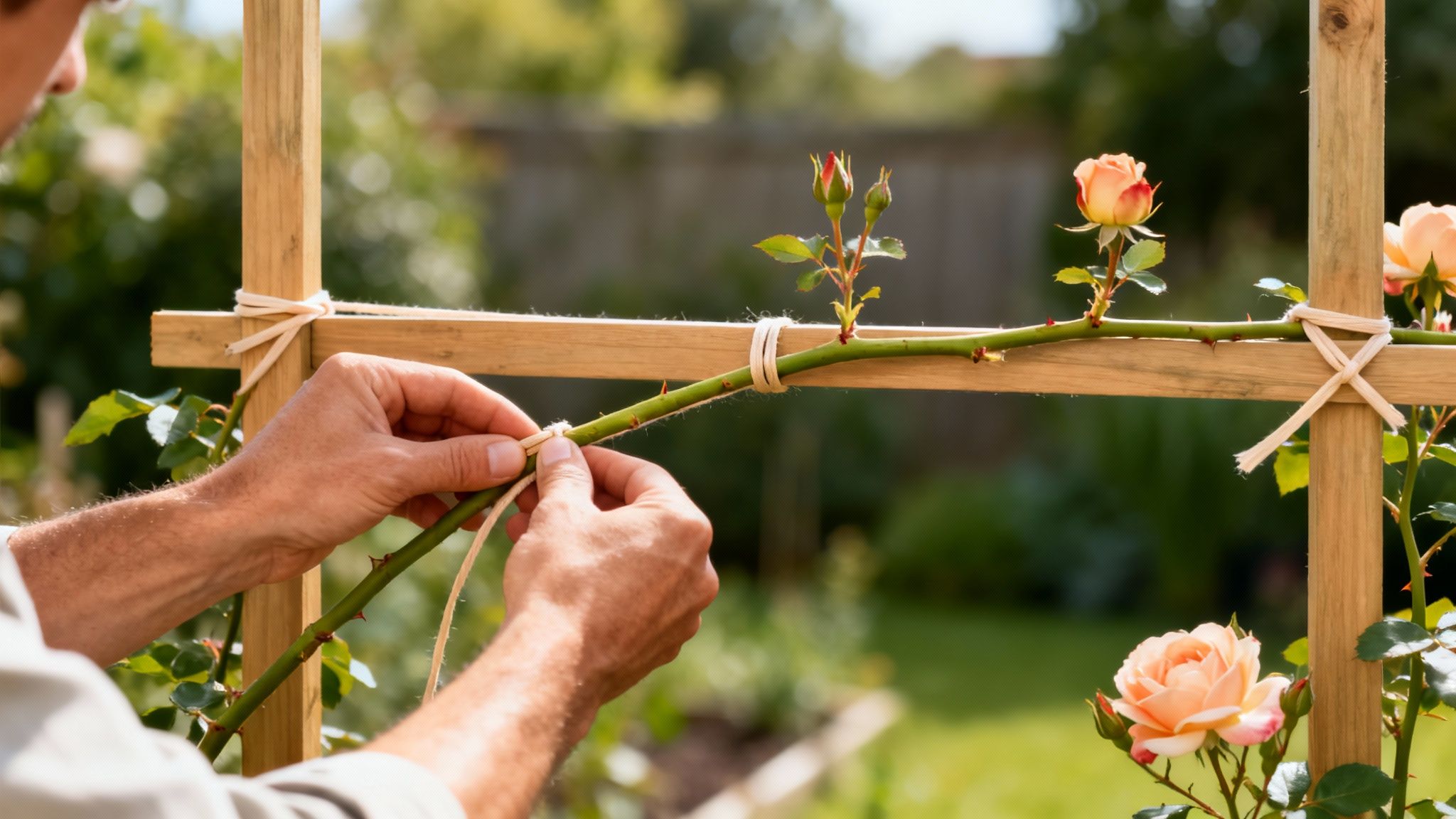 Close-up of hands tying a climbing rose stem to a wooden trellis in a sunny garden.