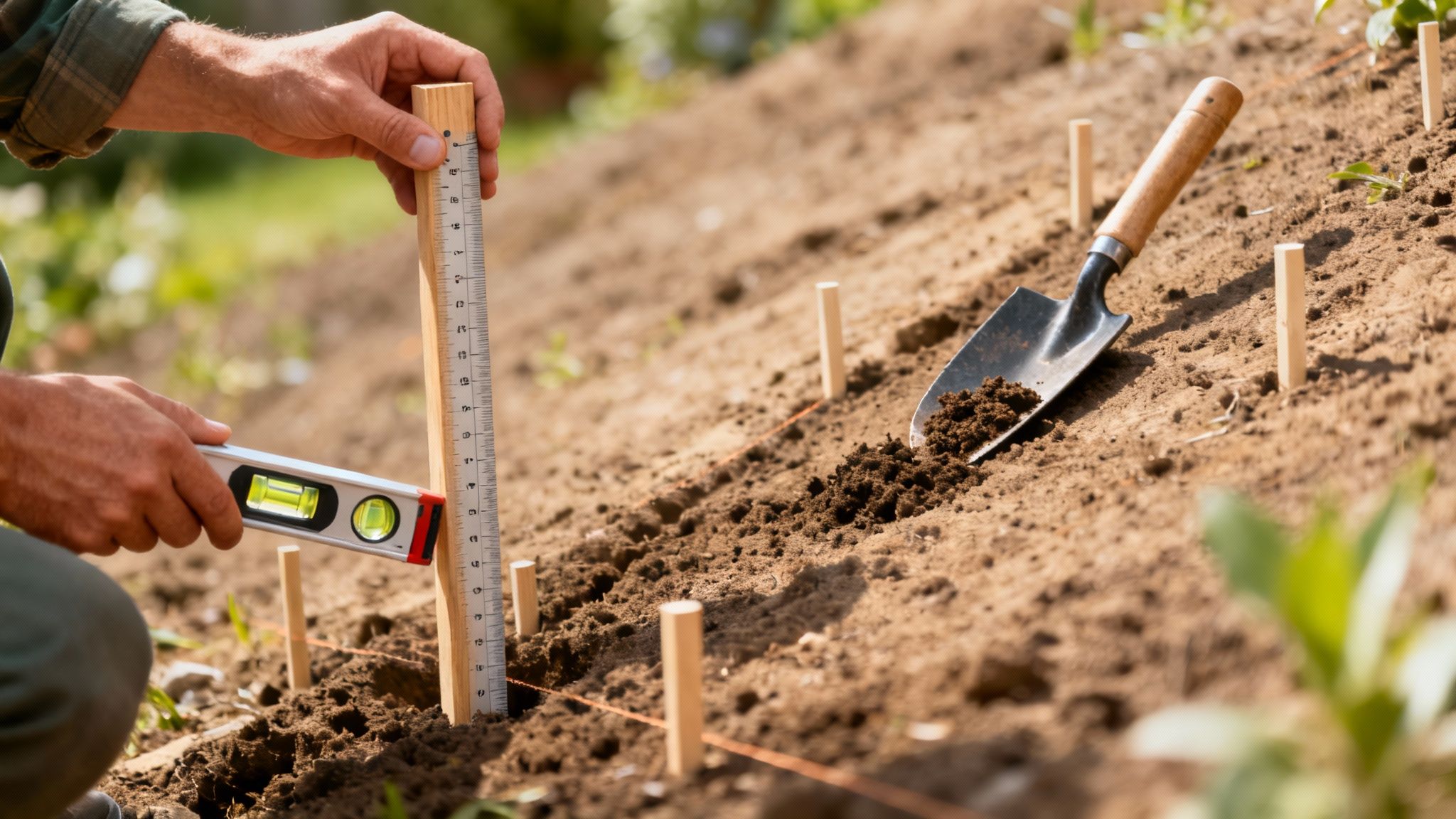 Close-up of hands using a ruler and spirit level to meticulously prepare a garden bed on a slope.