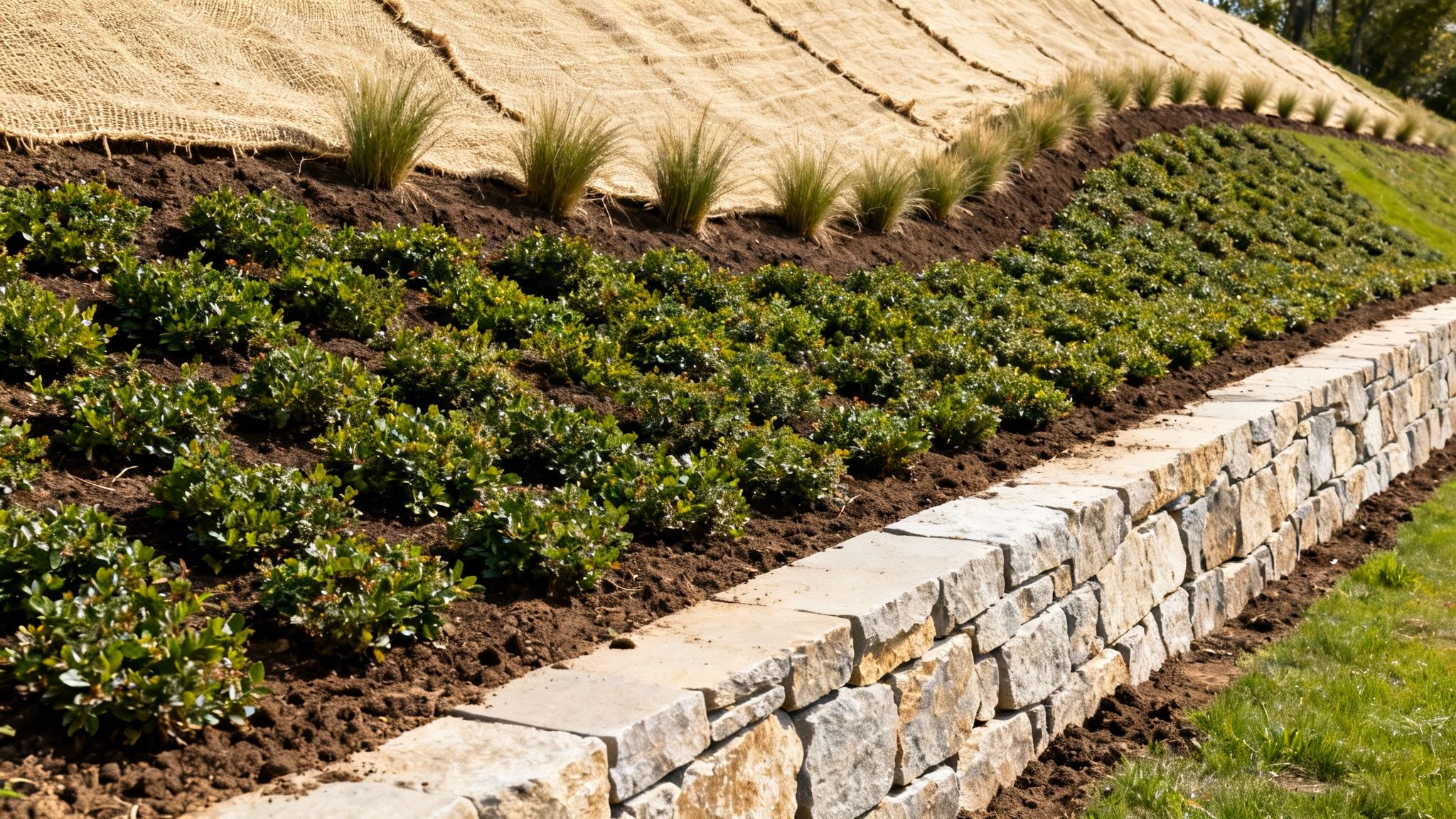 A well-designed landscaped slope featuring a stone retaining wall, green shrubs, and erosion control matting.