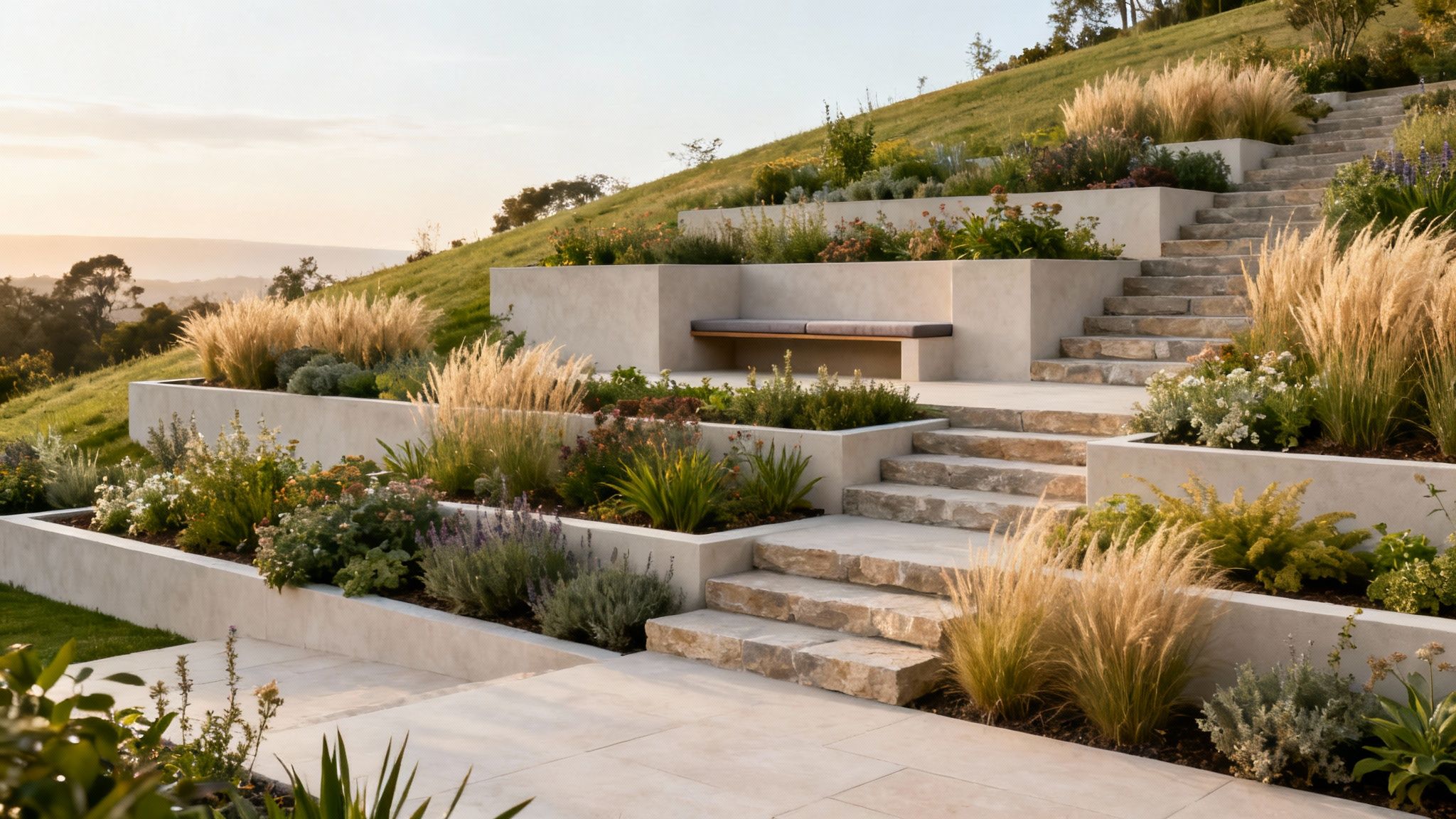 Lush terraced garden on a hillside with stone steps, a seating area, and ornamental grasses.