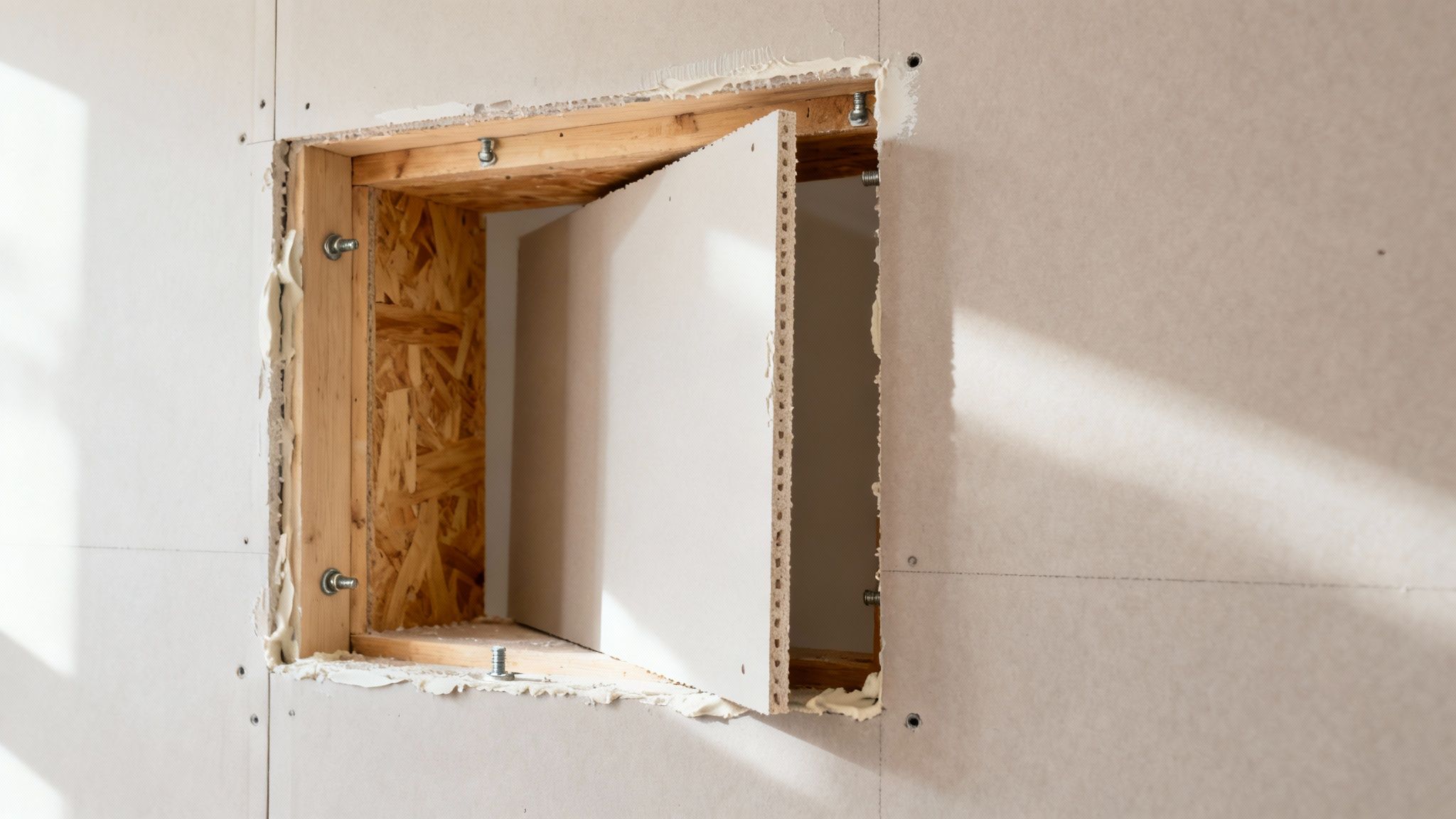 A wall under construction with an open drywall access panel, revealing a wooden frame and insulation.