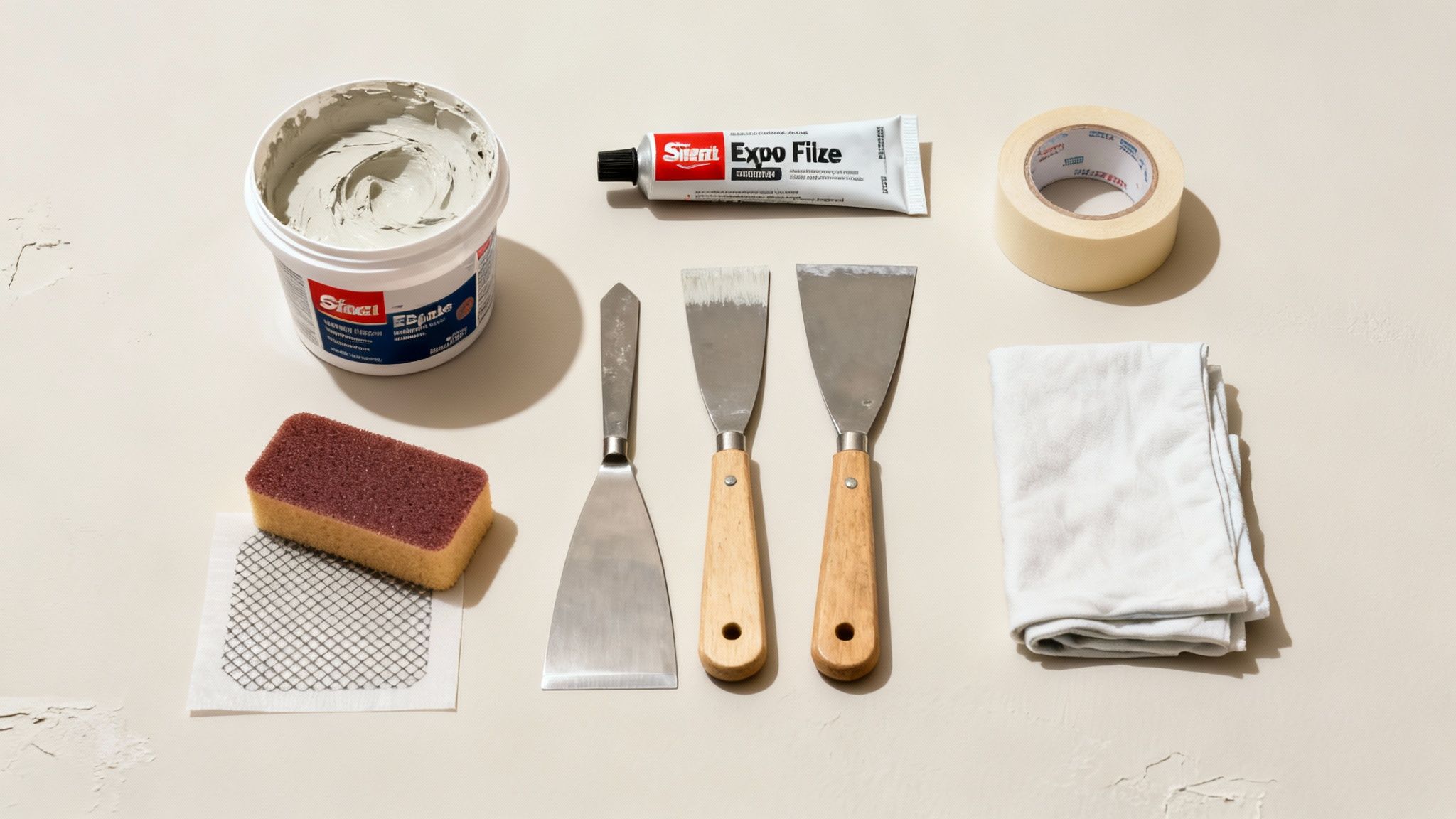 Tools for wall repair: spackling paste, caulk, putty knives, sponge, mesh patch, tape, and cloth.
