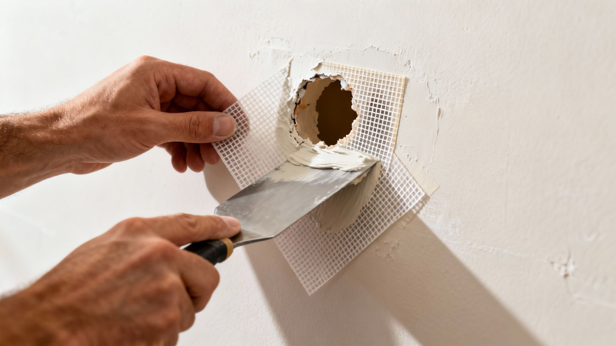 Close-up of hands repairing a wall, applying spackle over a mesh patch covering a hole.