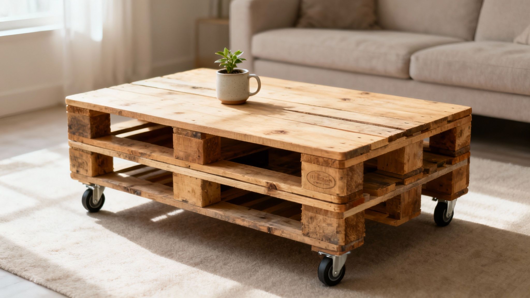 A rustic coffee table made from two stacked wooden pallets on caster wheels, with a plant.