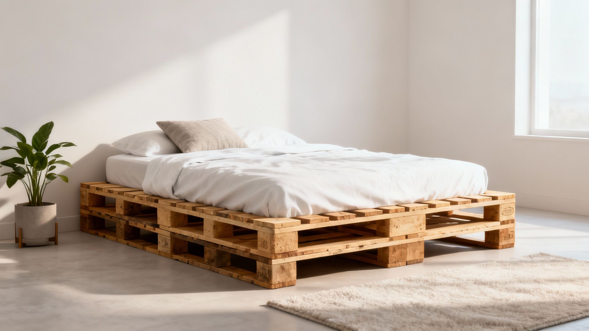 A minimalist bedroom featuring a bed frame made from wooden pallets with white bedding and a potted plant.