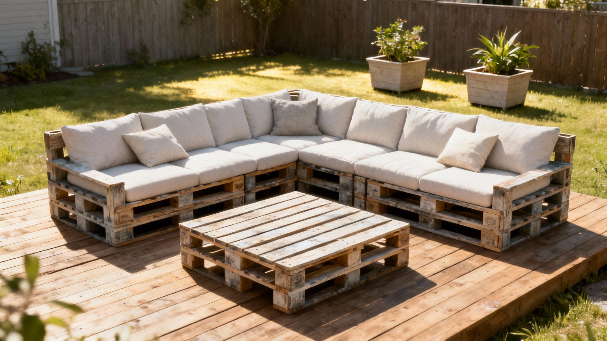 Outdoor seating area with a sofa and coffee table crafted from upcycled wooden pallets.