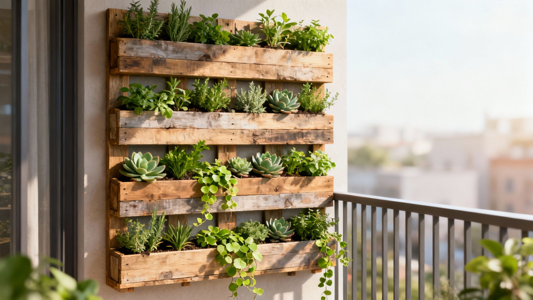 A DIY wooden pallet vertical garden on a sunny balcony, filled with vibrant green plants and succulents.