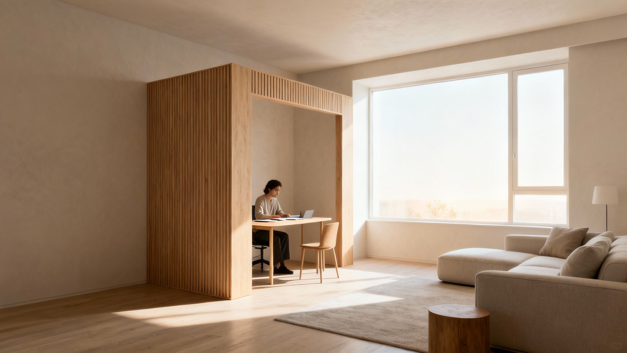A person works on a laptop in a modern wooden room divider workspace within a sunny living room.