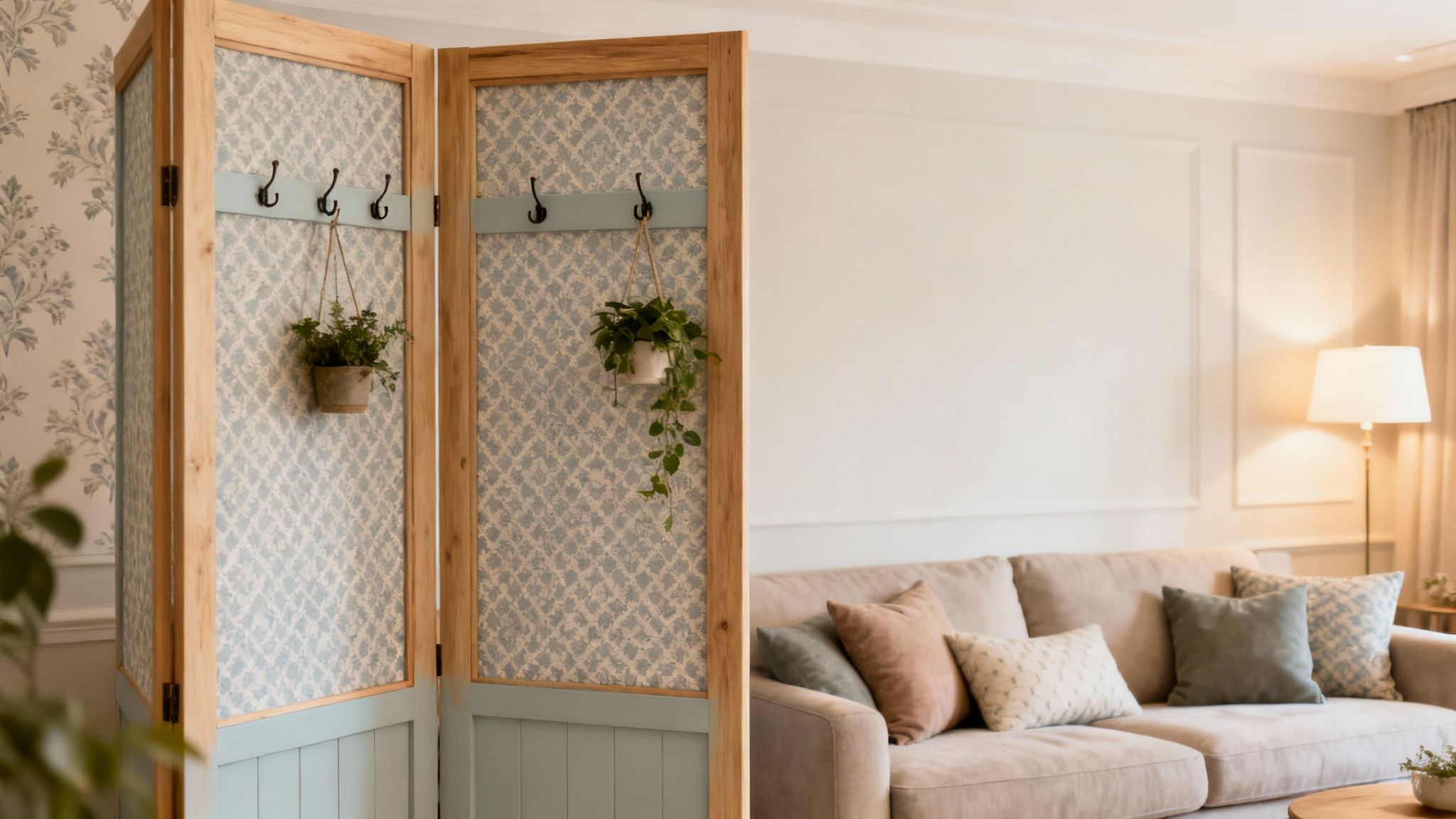 A charming light wood and blue DIY room divider with hooks and hanging plants, separating a living room.