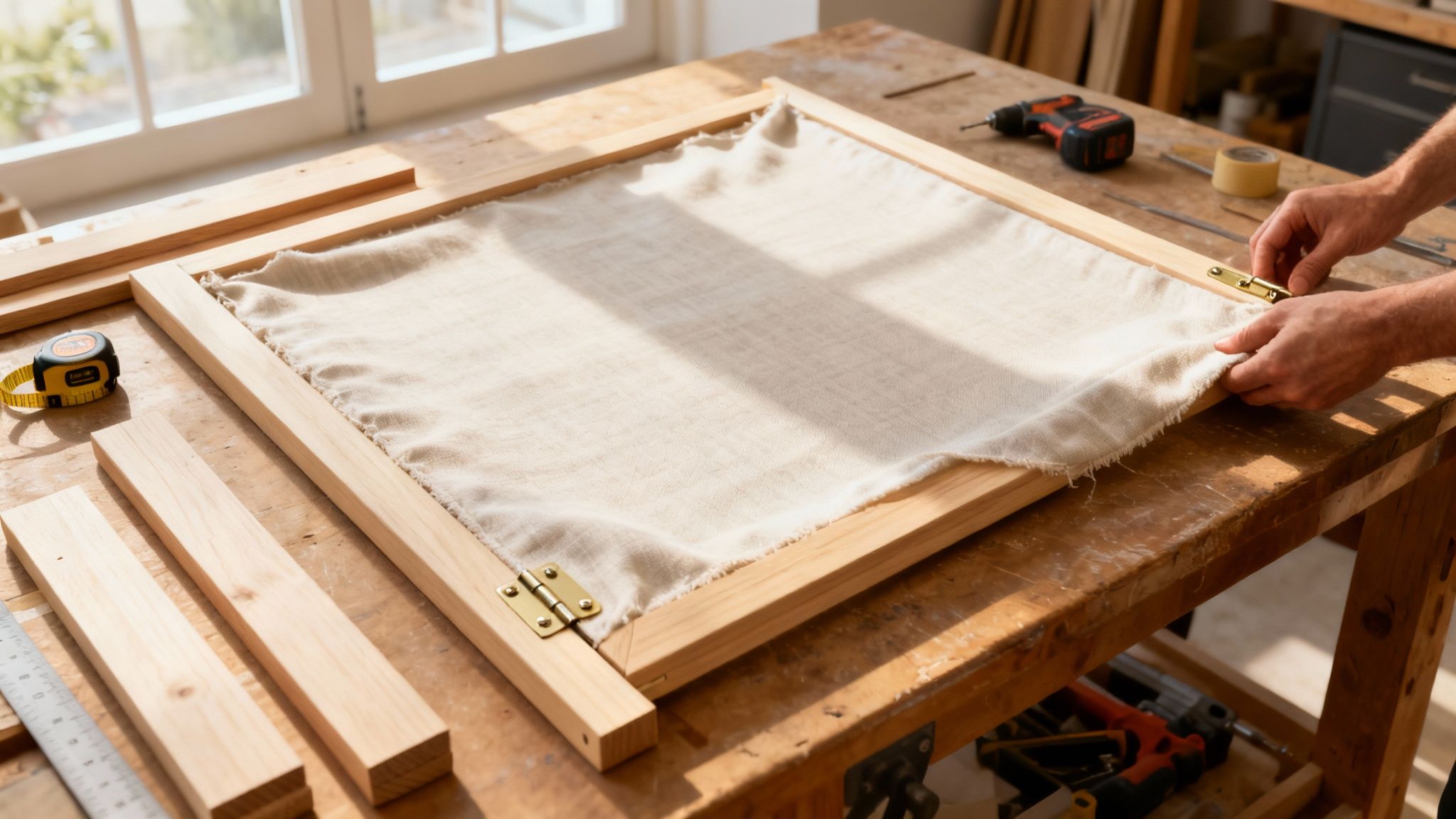Hands are working on a DIY wooden frame with fabric, creating a room divider on a workbench.