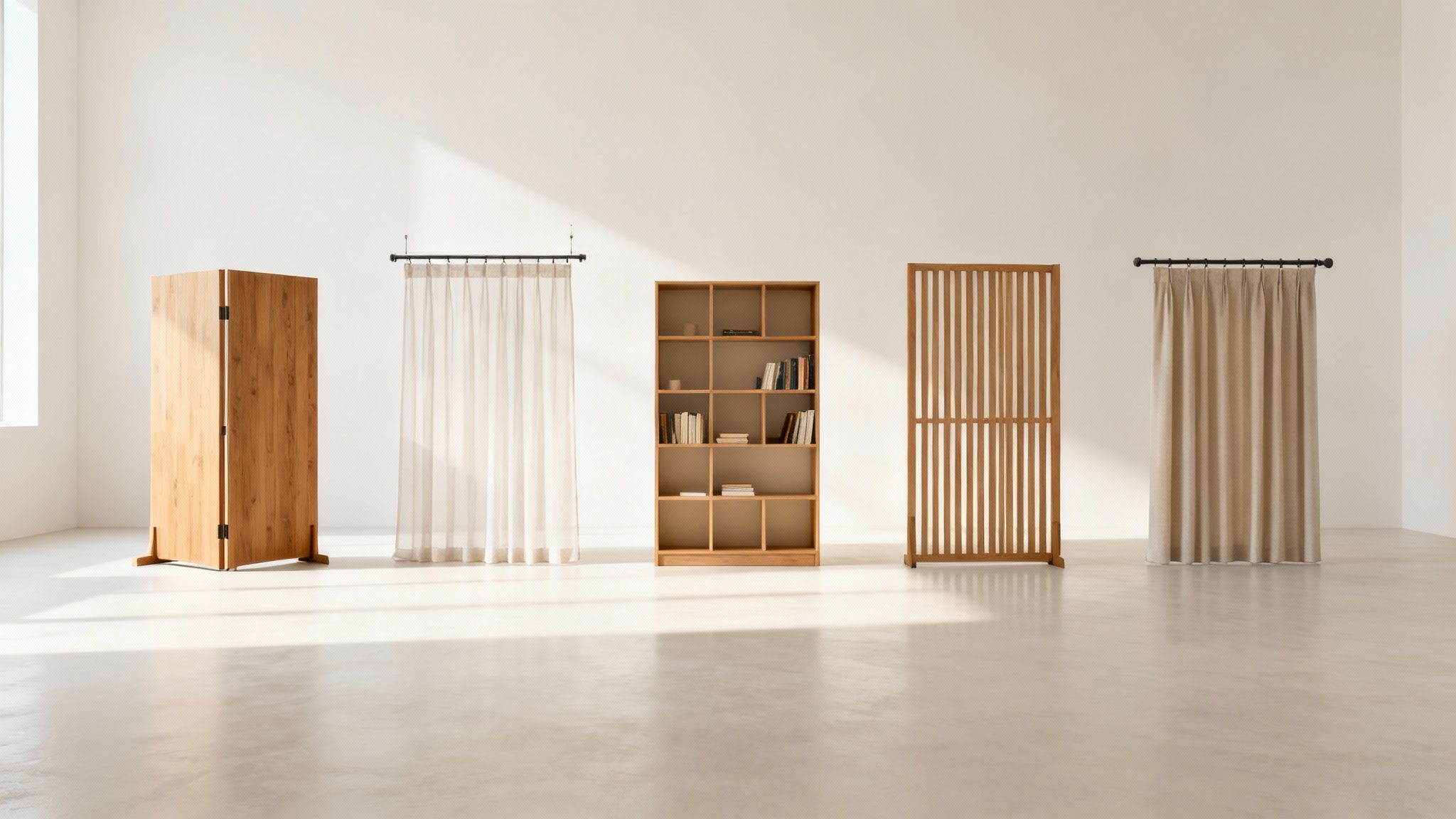 A bright room showcasing various room dividers, including a folding screen, curtains, and a bookshelf.