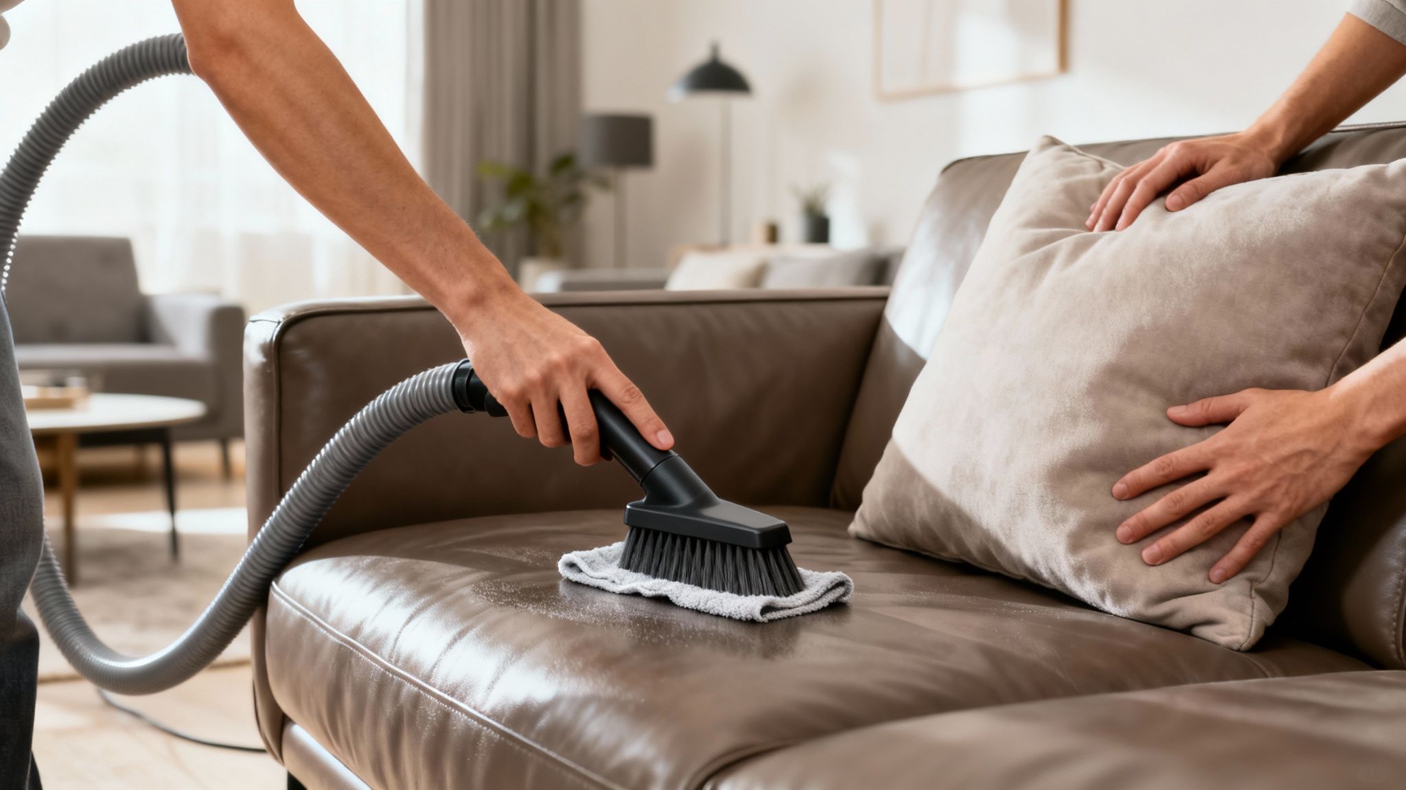 Person cleaning a brown leather sofa with a vacuum cleaner brush, while another adjusts a cushion.