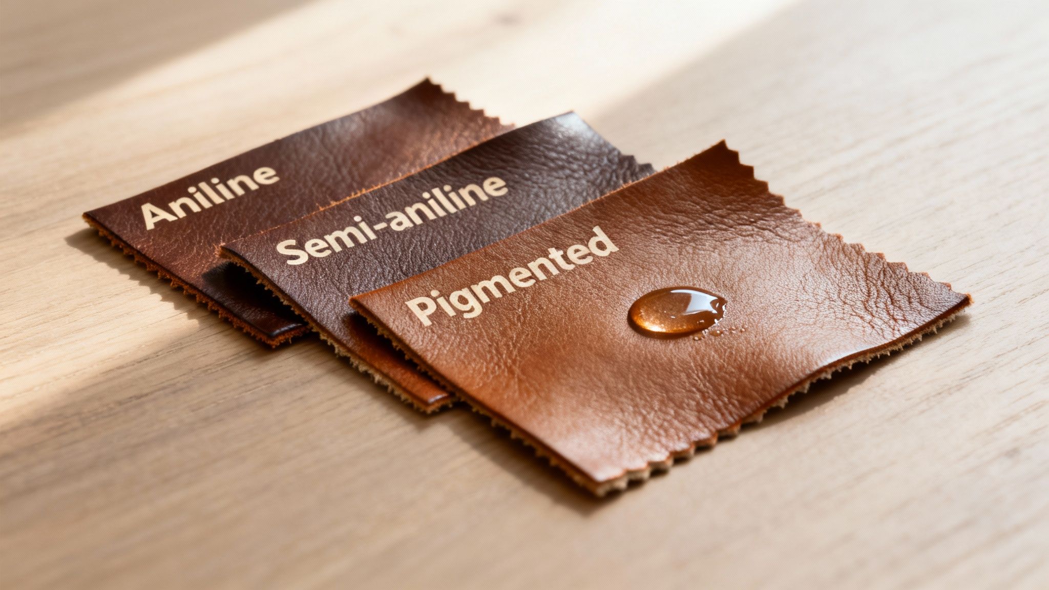 Three brown leather swatches: Aniline, Semi-aniline, and Pigmented, demonstrating different finishes and water resistance.