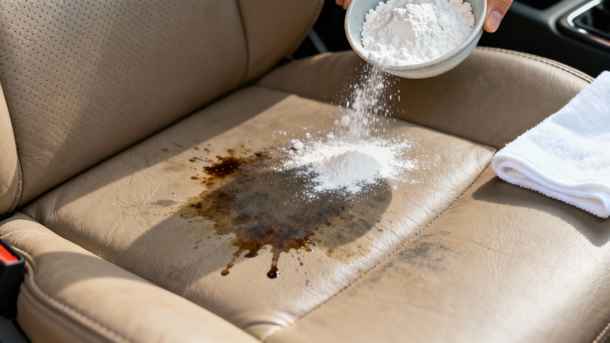 A hand sprinkles white powder onto a dark liquid spill on a beige leather car seat, with a white towel nearby.