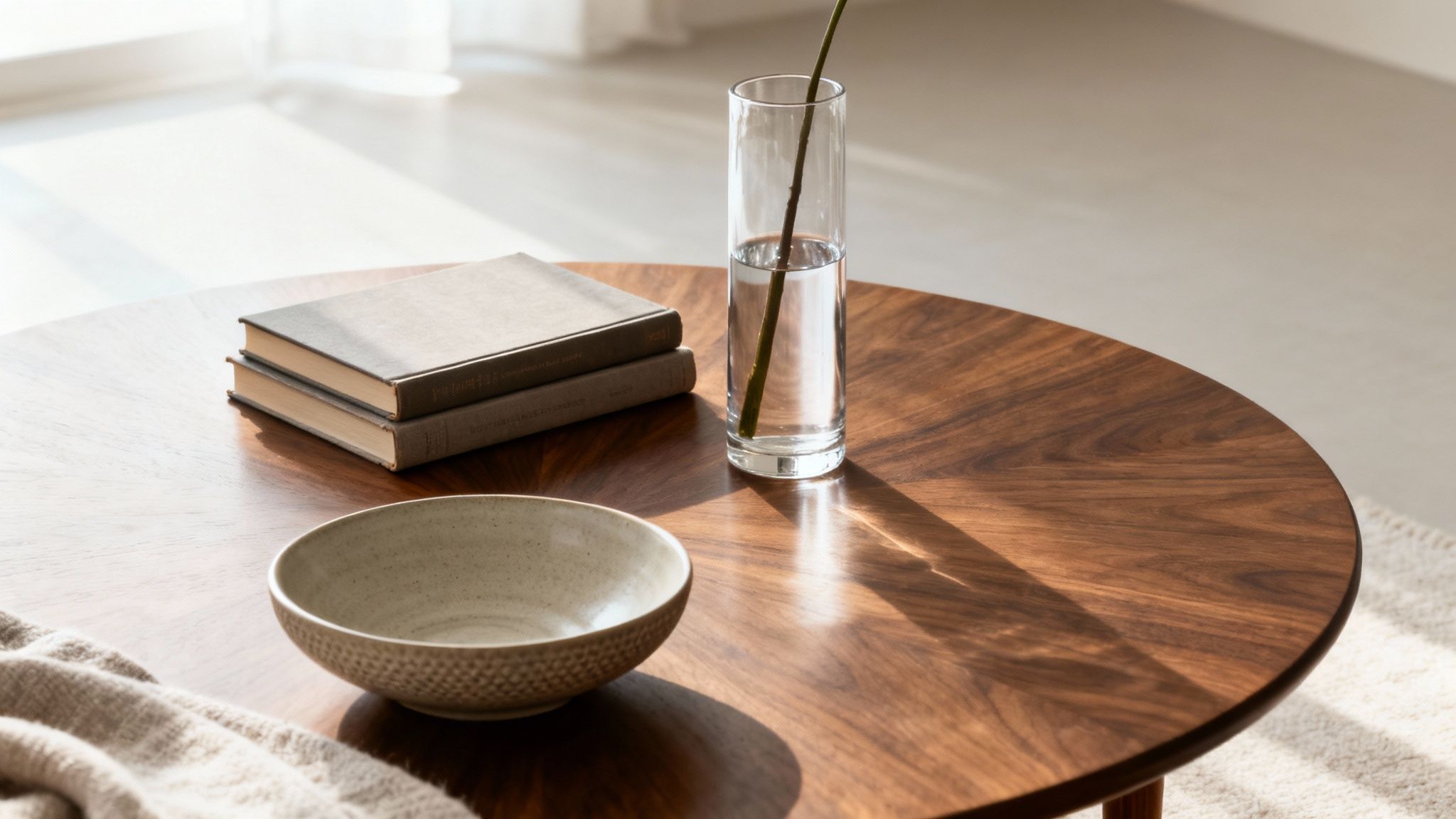 A styled wooden coffee table with books, a vase with a stem, and a ceramic bowl.