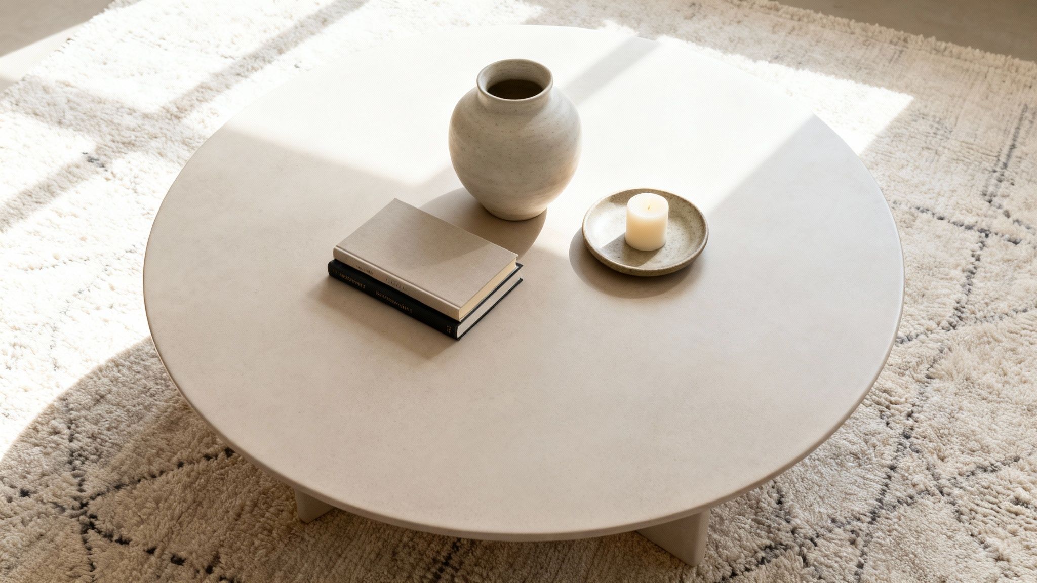 A minimalist round coffee table with a vase, two books, and a candle on a ceramic plate, on a textured rug.