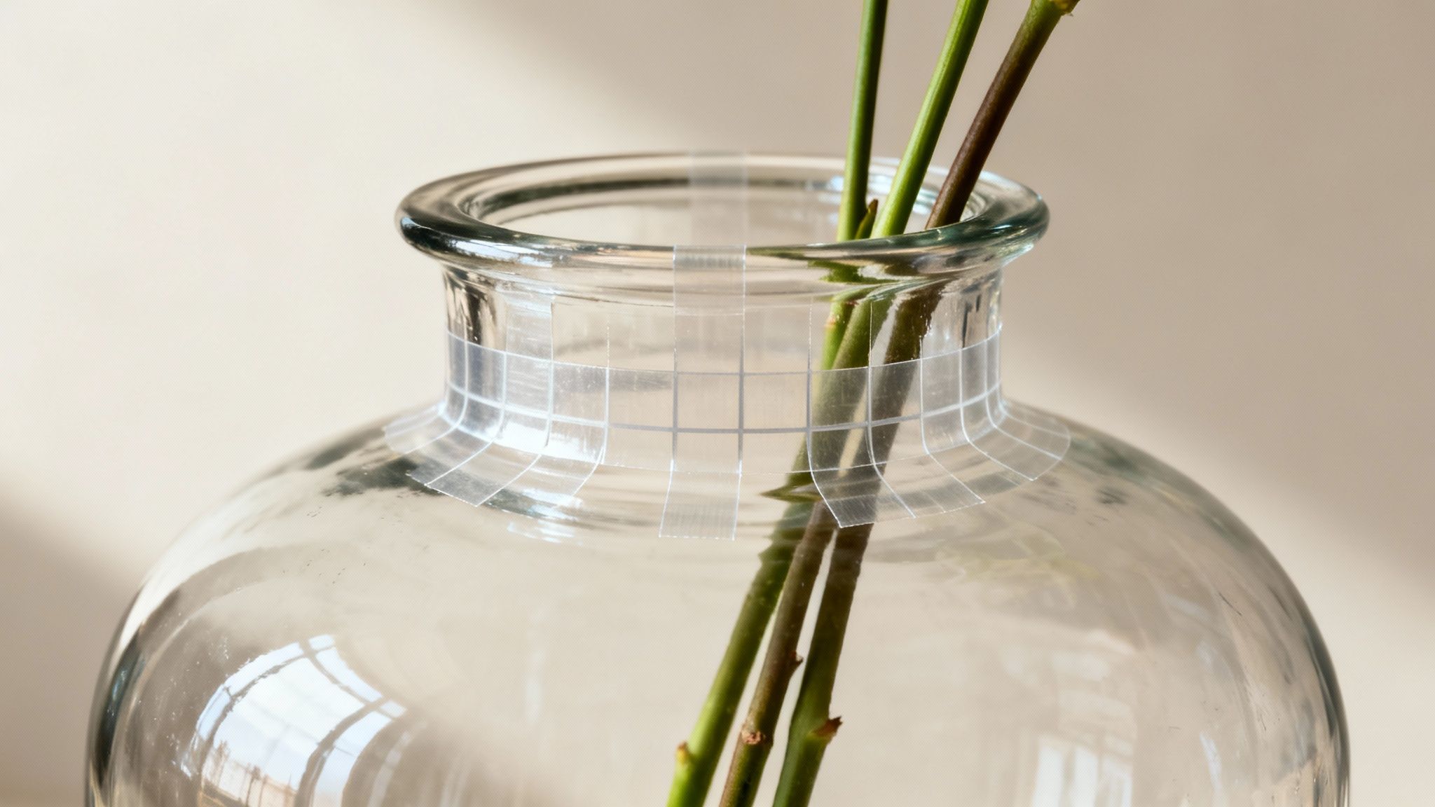 Close-up of a clear glass vase with a tape grid around the neck, holding green stems.