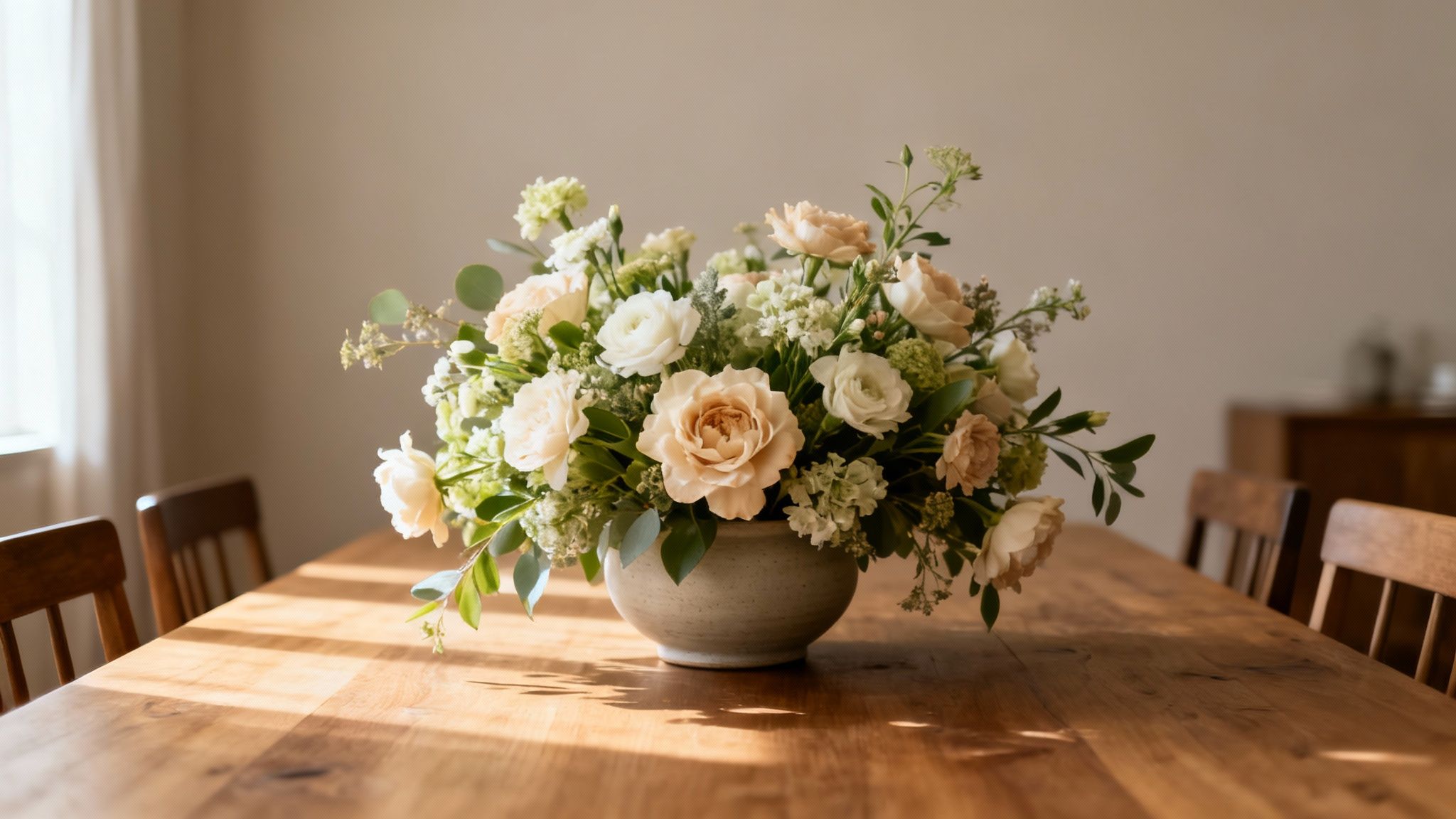 A soft, elegant floral arrangement in a ceramic vase sits on a sunlit wooden dining table.