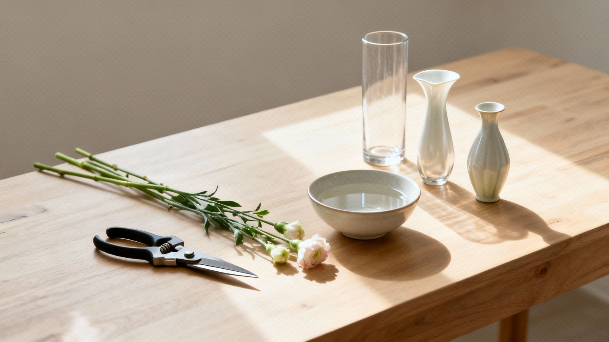 Flower arranging tools on a wooden table with stems, shears, water, and vases.