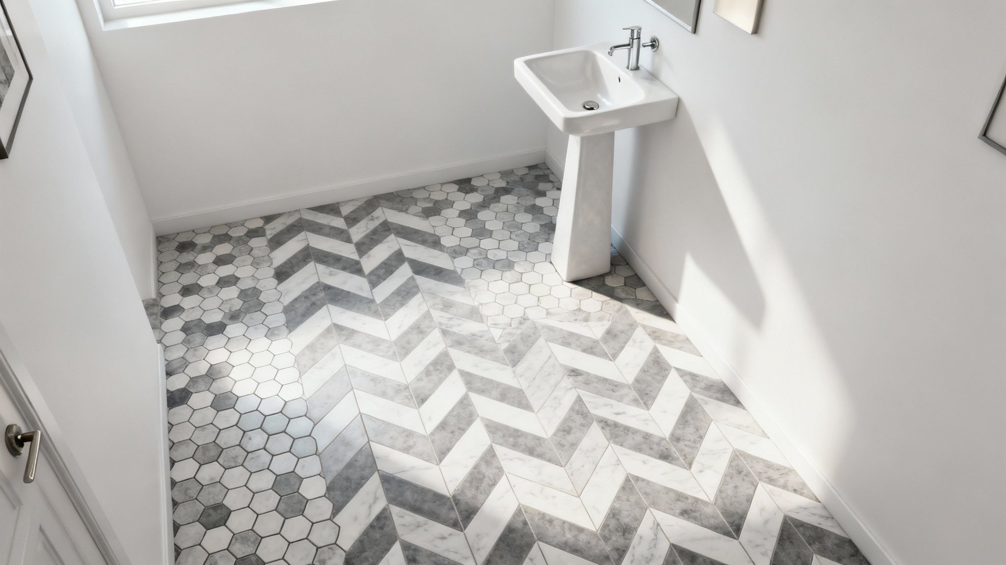 A modern bathroom features a white pedestal sink, a bright window, and a stylish grey and white marble patterned floor.