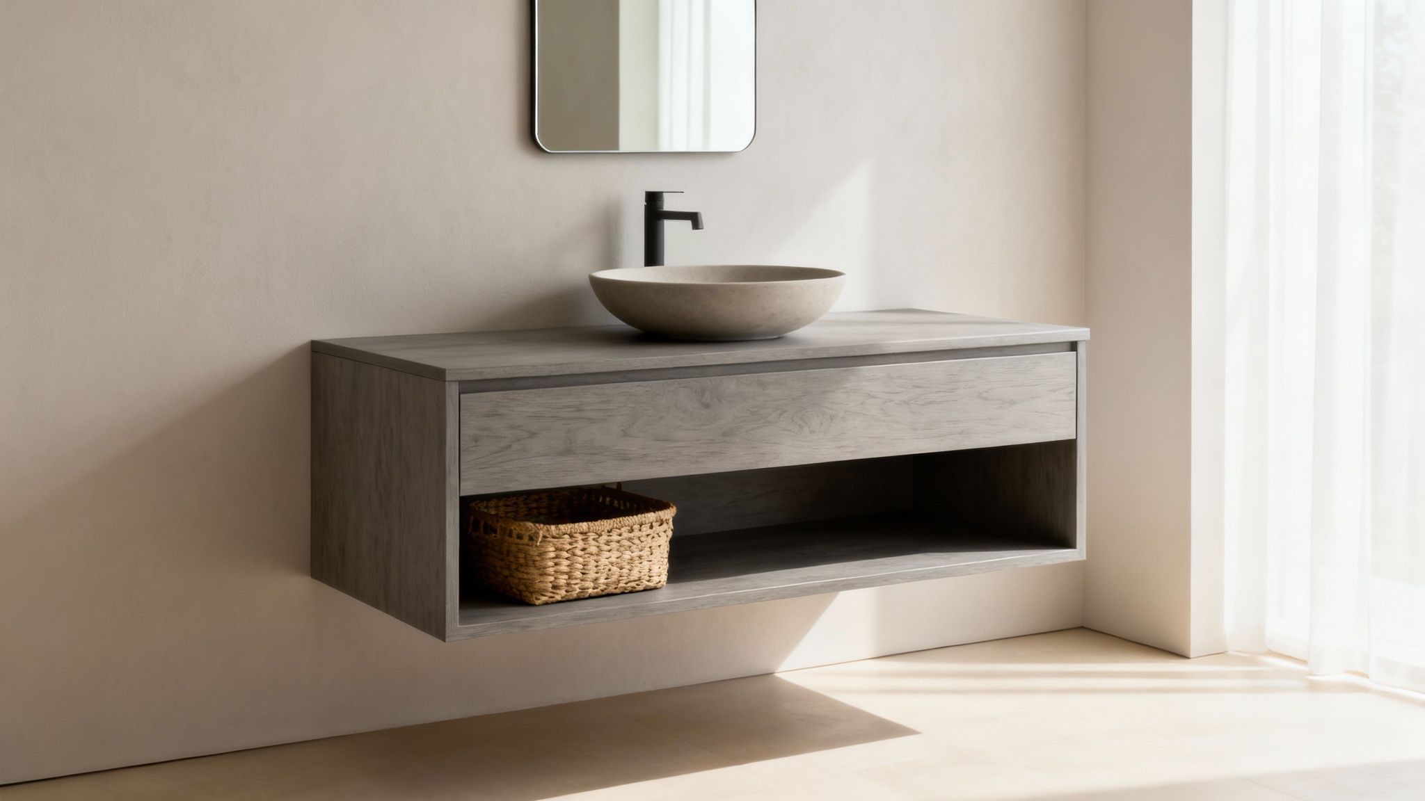 A modern floating grey wood bathroom vanity with a concrete bowl sink, black faucet, and wicker basket.
