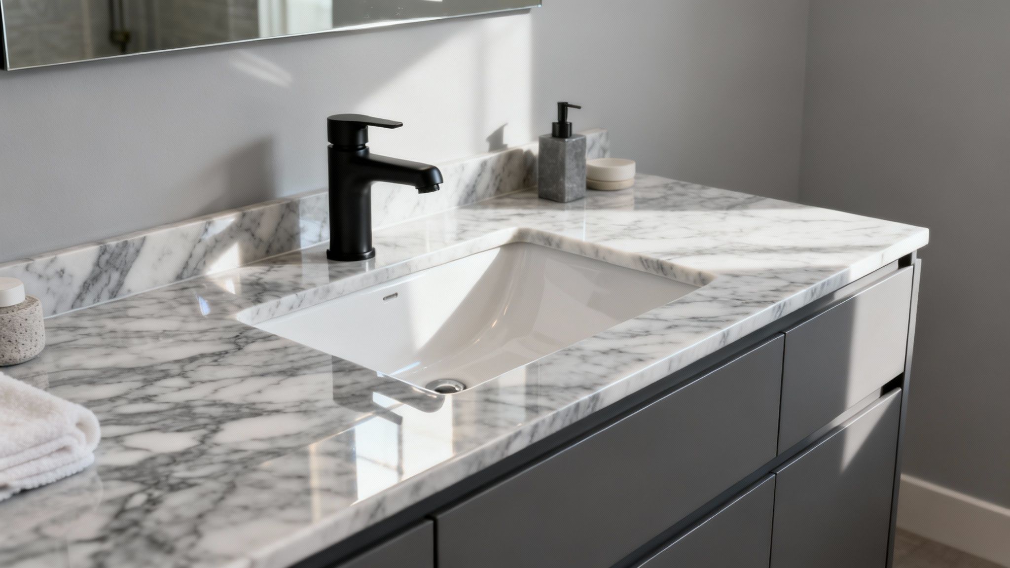 A modern bathroom vanity featuring a white marble countertop, undermount sink, and black faucet.