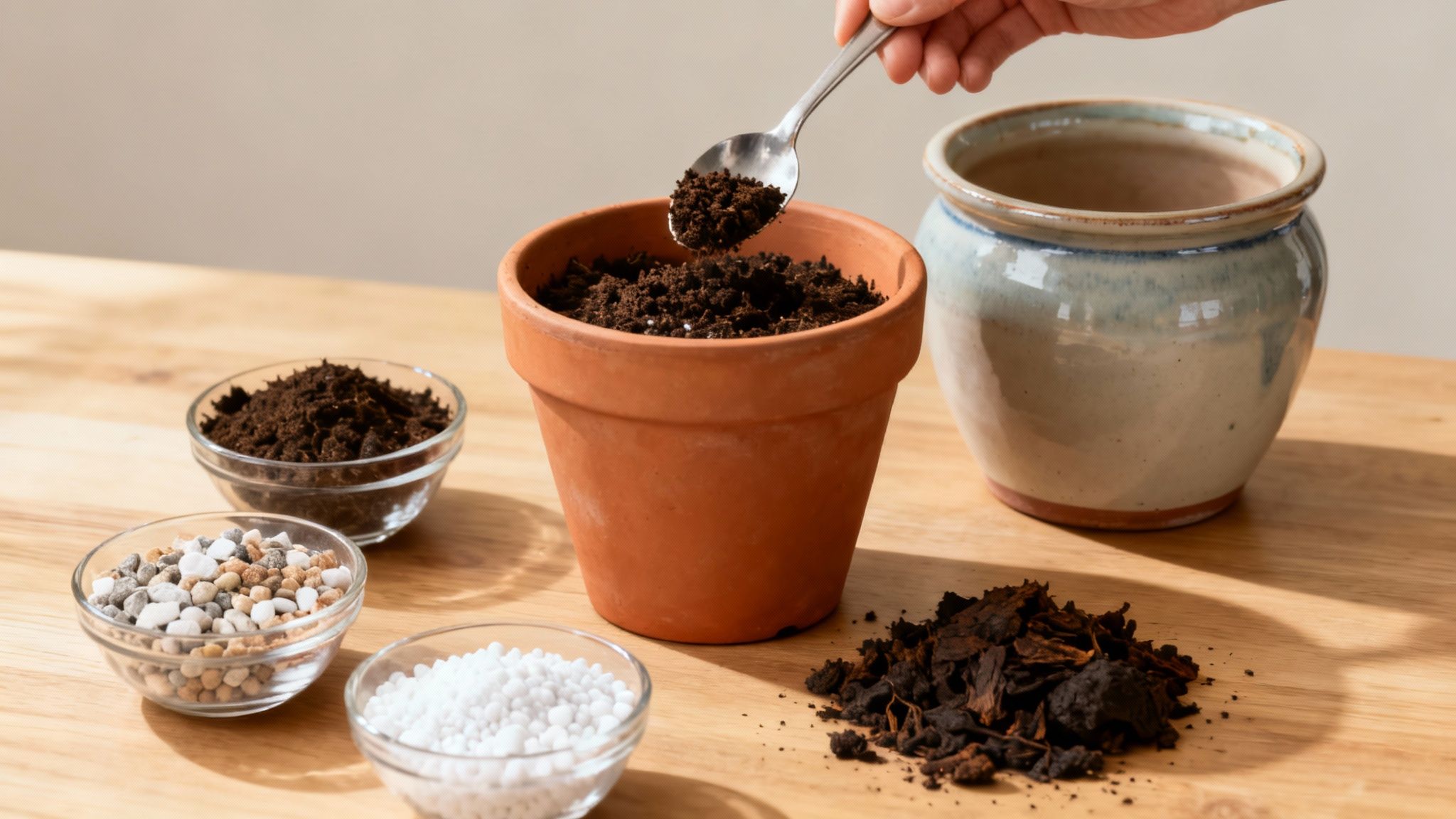 A hand uses a spoon to add dark potting soil into a terracotta pot, surrounded by gardening supplies.