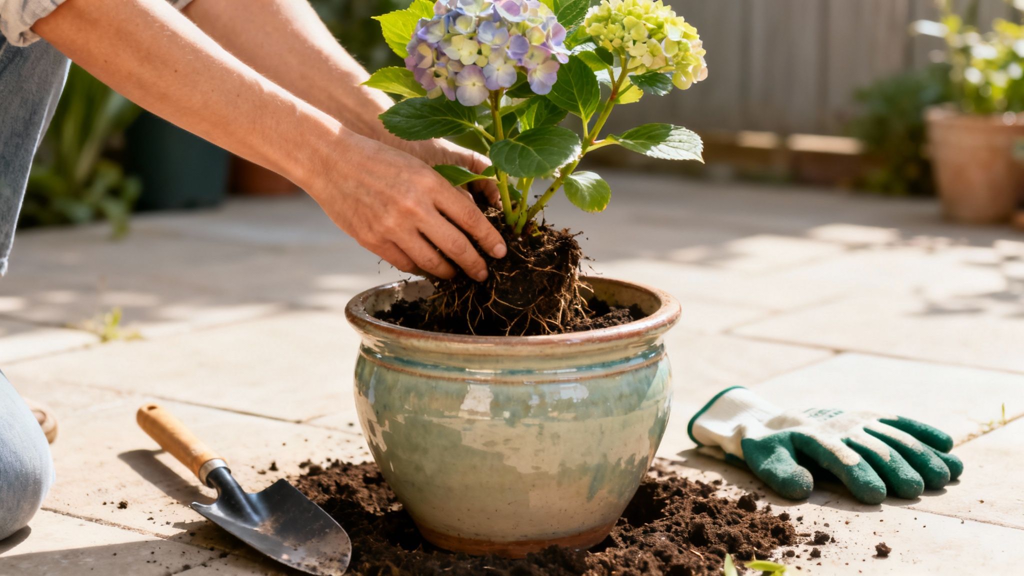 Close-up of hands planting a vibrant blue and green hydrangea into a ceramic pot on a sunny patio.