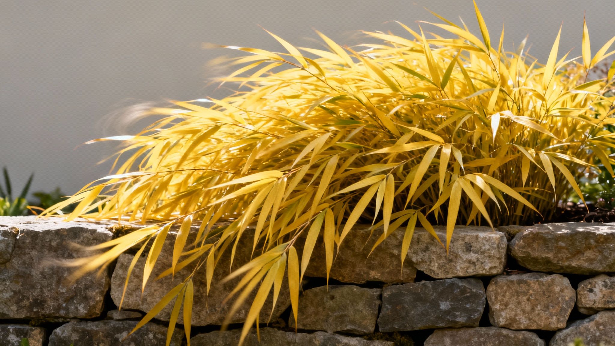 Bright yellow bamboo plant cascading over a textured natural stone garden wall in sunlight.
