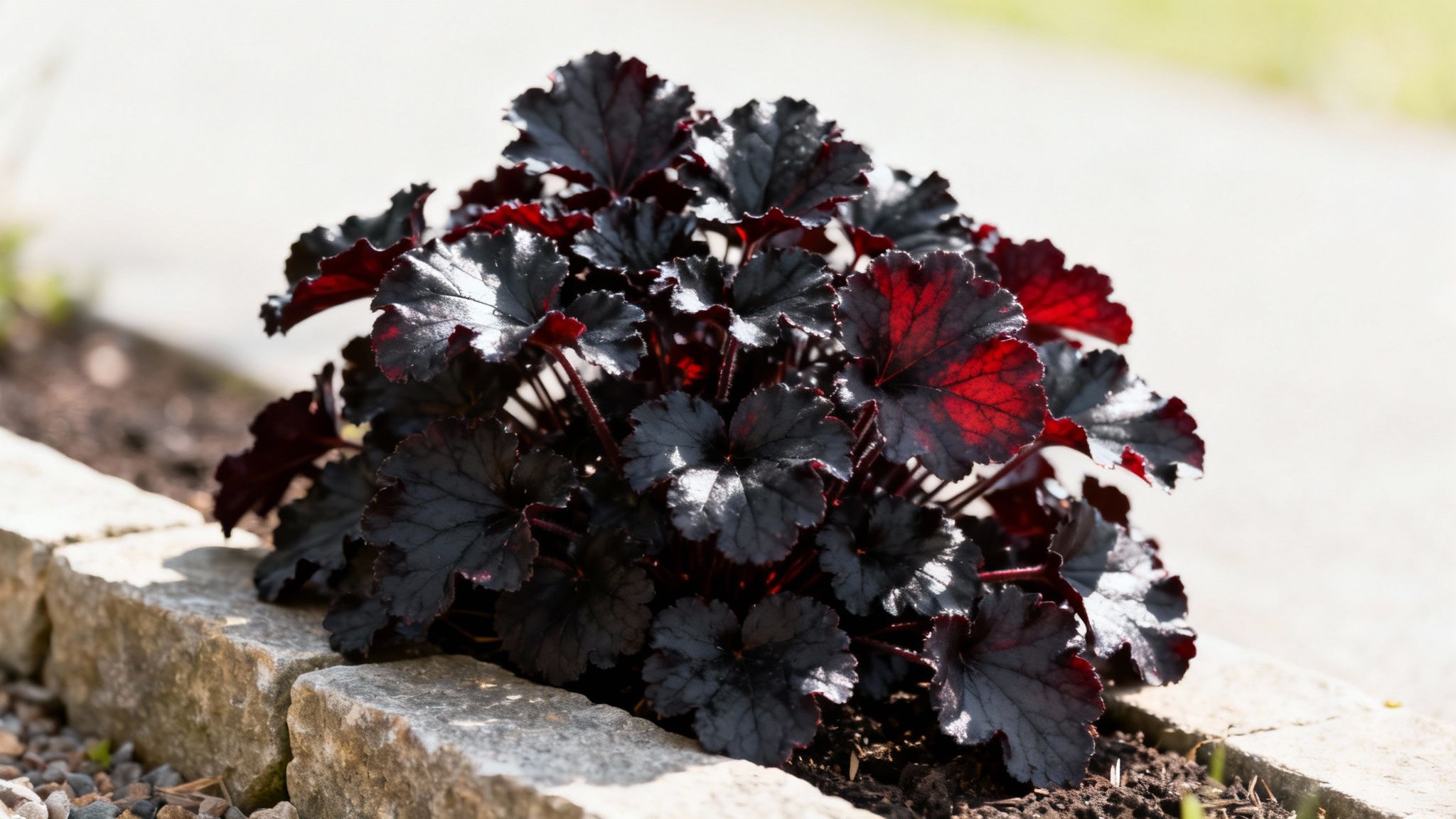 A striking Heuchera plant with dark red and black ruffled leaves thrives in a garden bed.