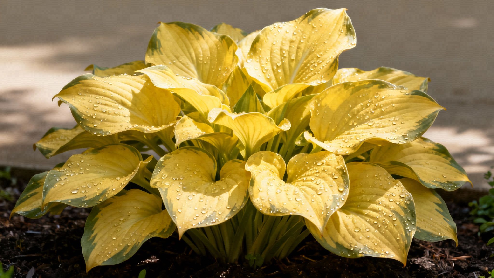 A vibrant hosta plant with variegated yellow-green leaves, covered in glistening water droplets.