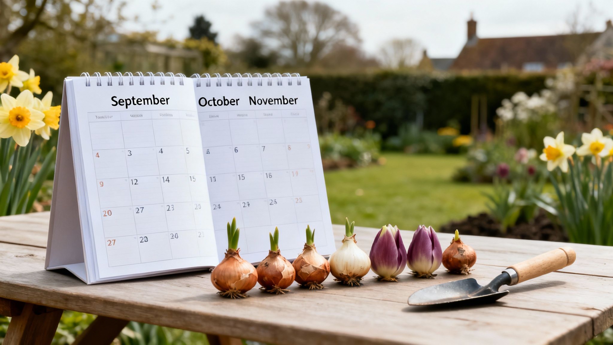 Calendar showing autumn months, various bulbs, and a trowel on a wooden table in a garden.