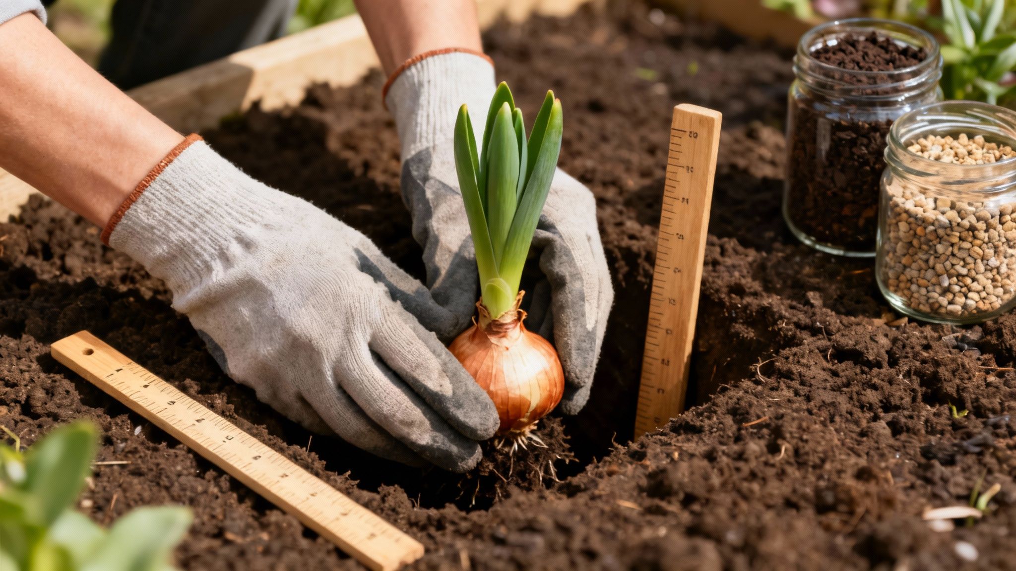 Gloved hands planting an onion bulb with green shoots in soil, with rulers and jars nearby.